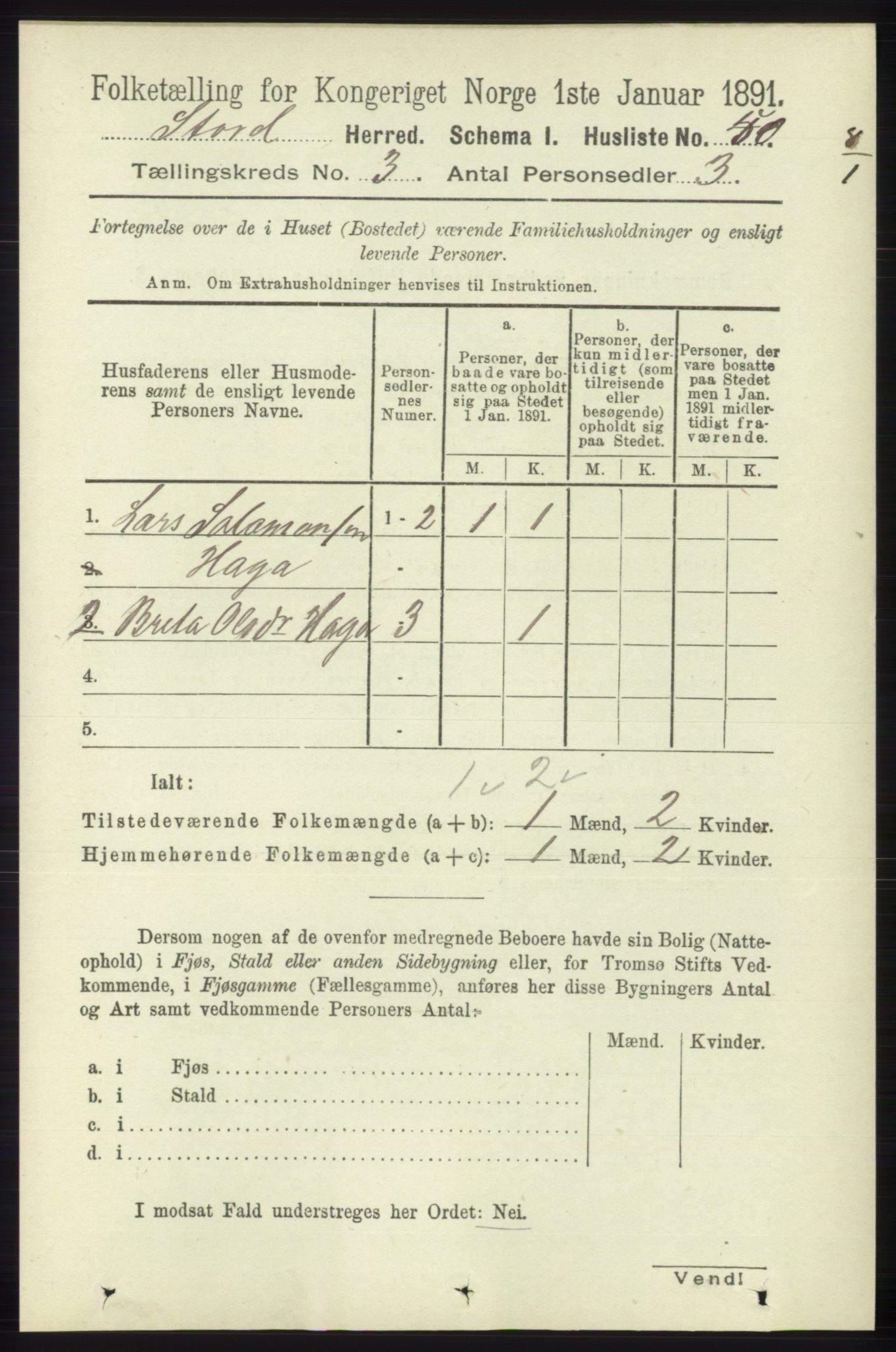 RA, 1891 census for 1221 Stord, 1891, p. 516