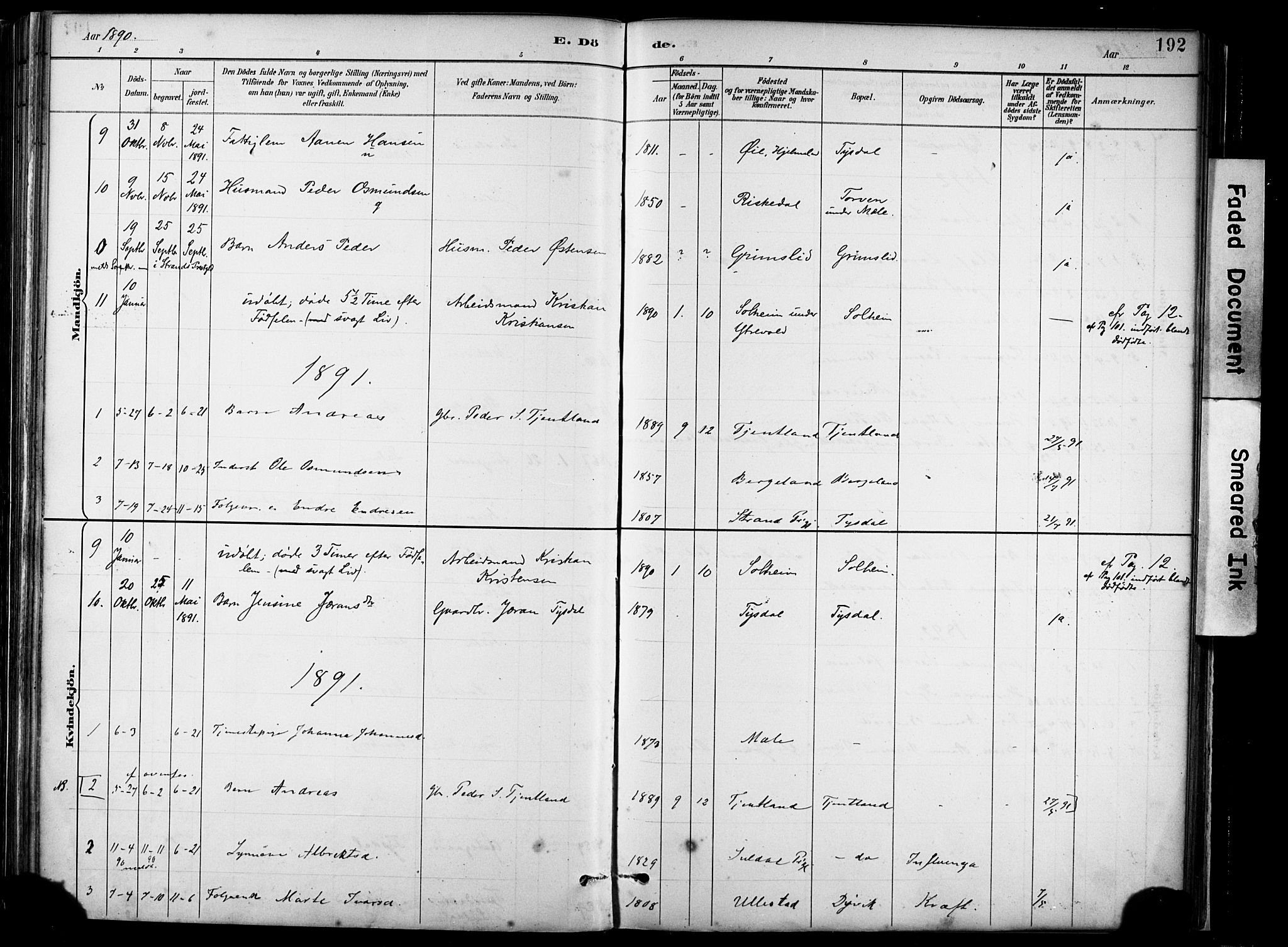 Hjelmeland sokneprestkontor, AV/SAST-A-101843/02/A/L0001: Parish register (official) no. A 16, 1887-1926, p. 192