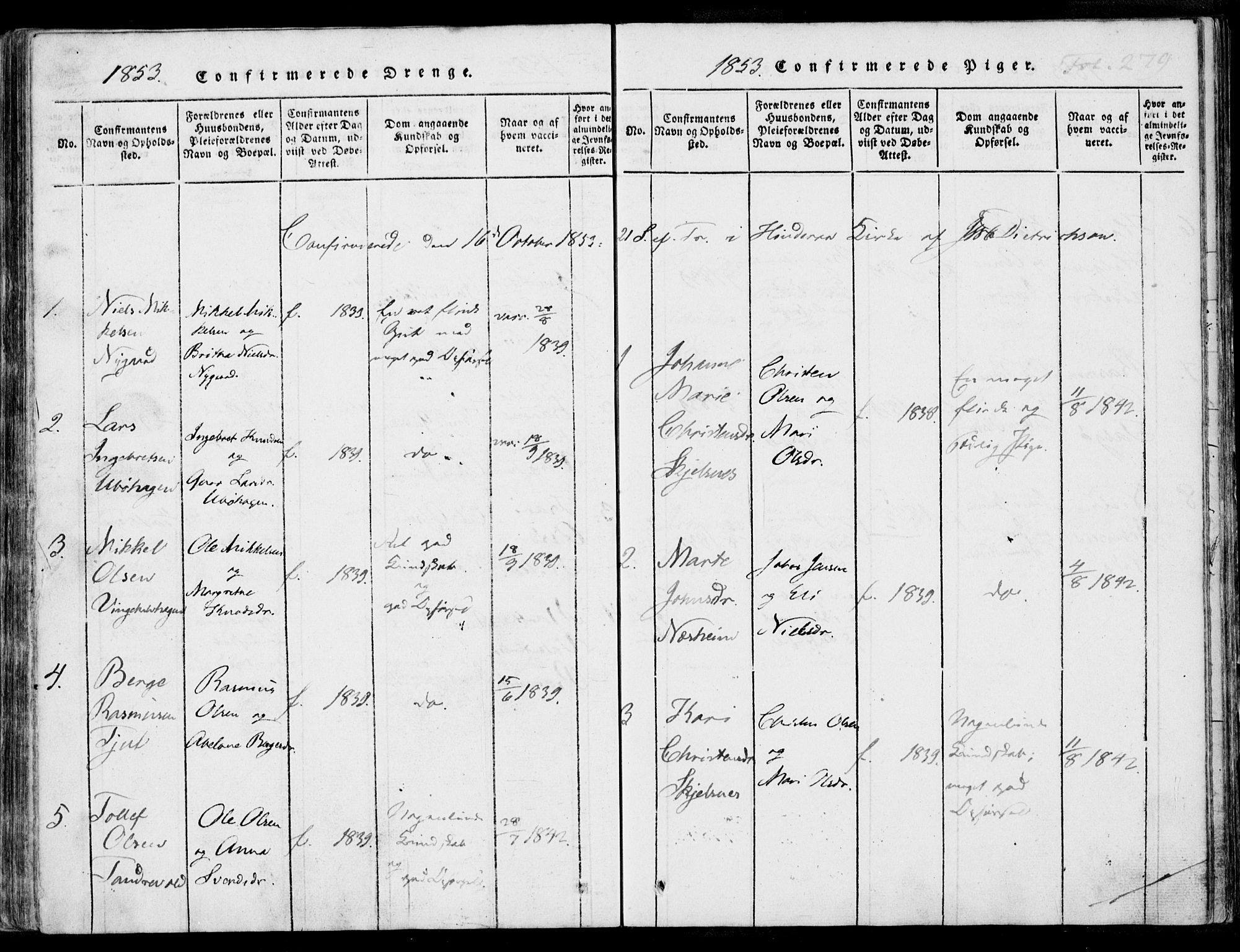 Nedstrand sokneprestkontor, AV/SAST-A-101841/01/IV: Parish register (official) no. A 7, 1816-1870, p. 279