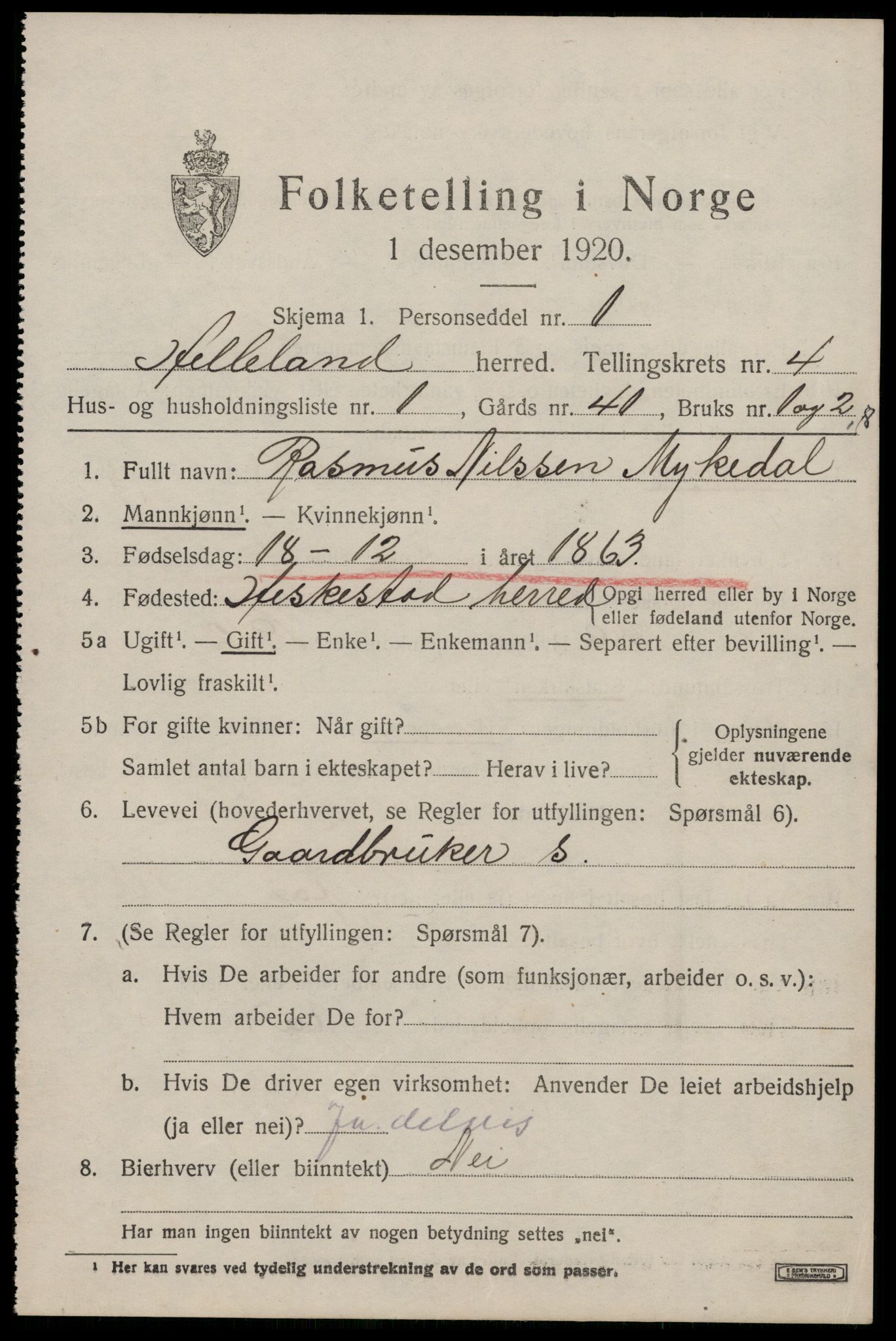 SAST, 1920 census for Helleland, 1920, p. 2209