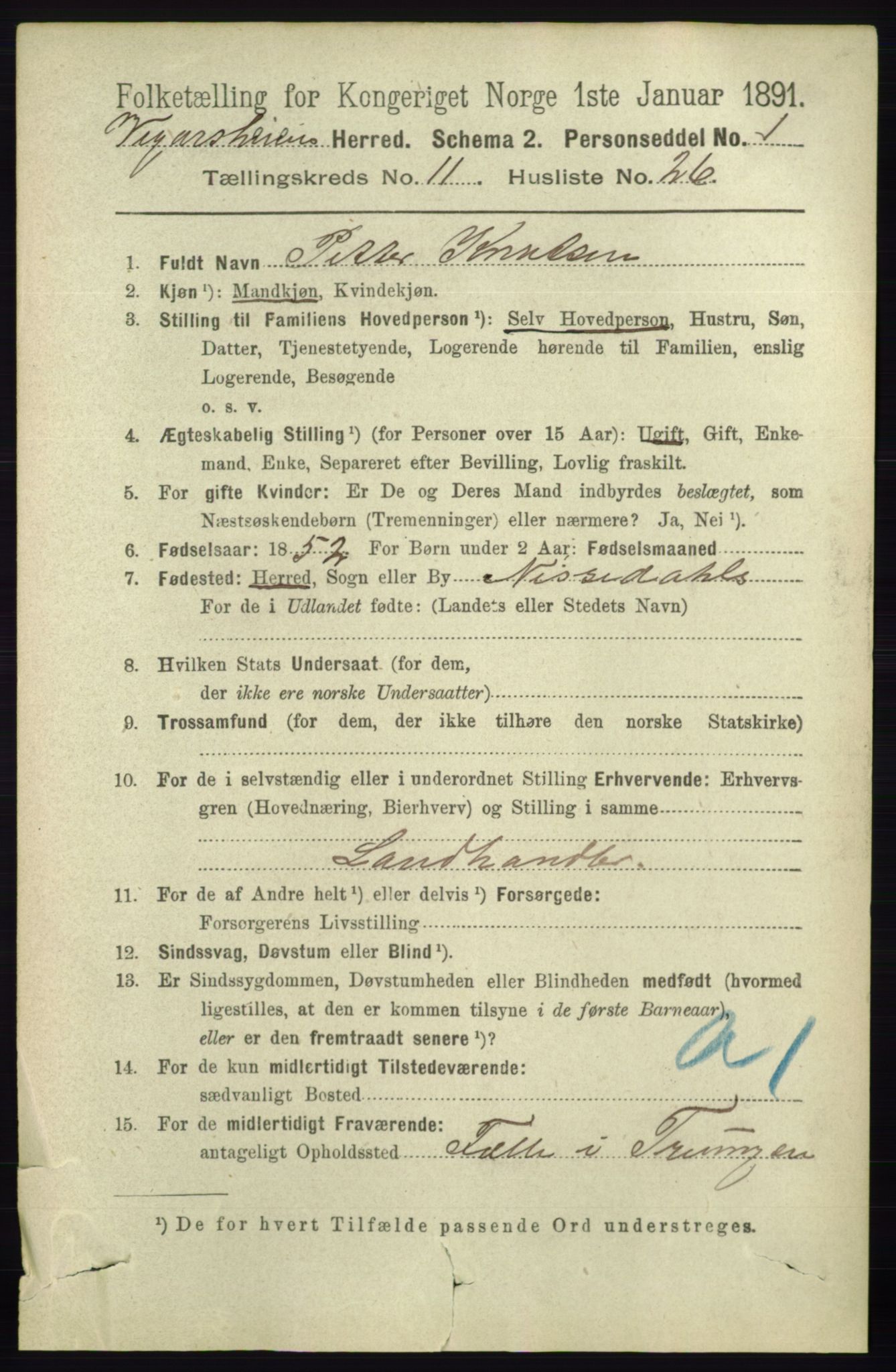 RA, 1891 census for 0912 Vegårshei, 1891, p. 2394