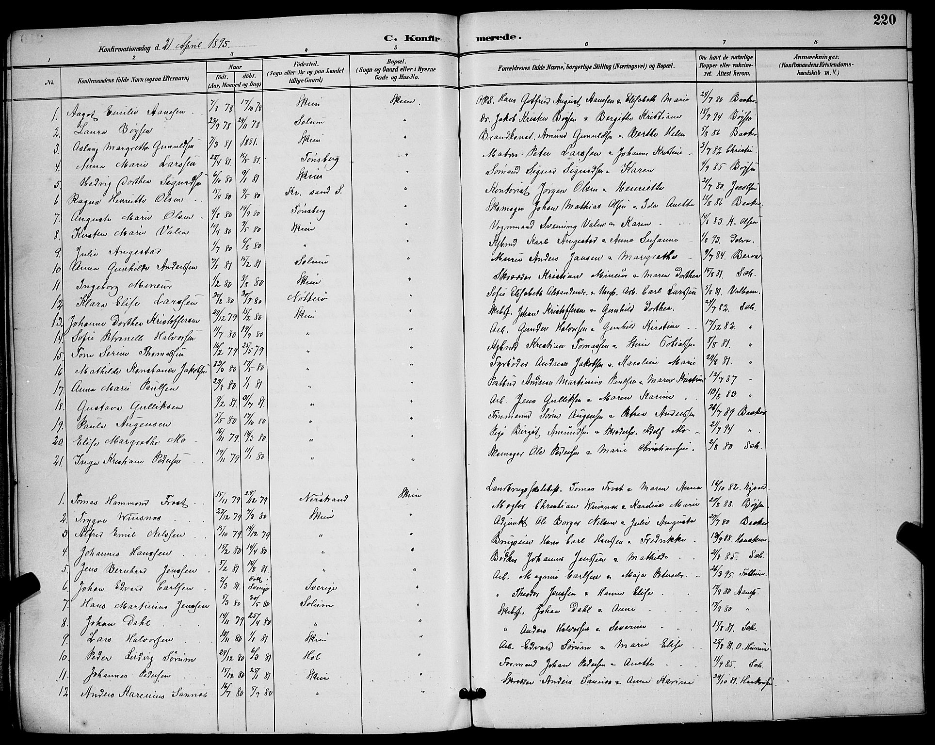 Skien kirkebøker, SAKO/A-302/G/Ga/L0007: Parish register (copy) no. 7, 1891-1900, p. 220