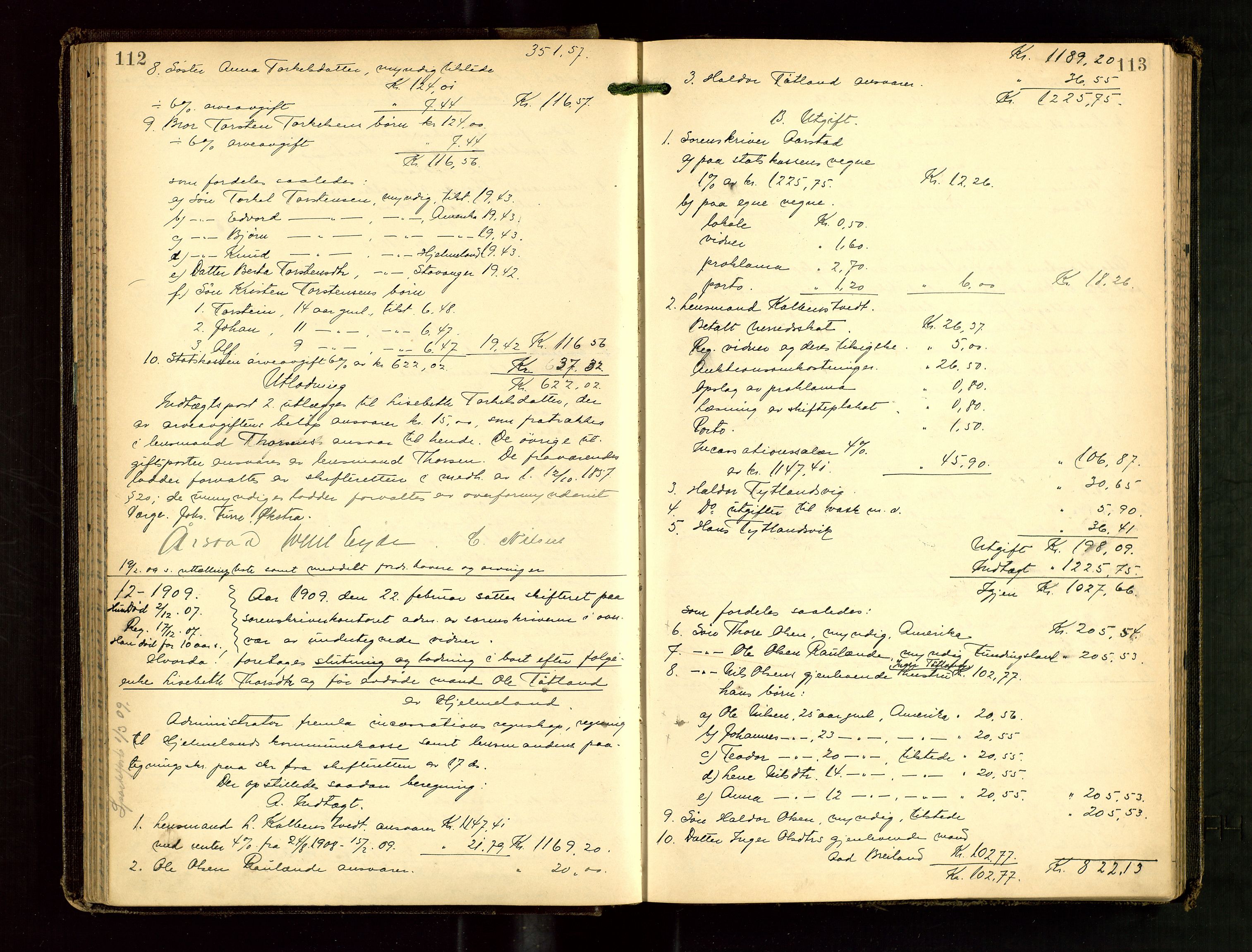 Ryfylke tingrett, AV/SAST-A-100055/001/IV/IVG/L0003: Skifteutlodningsprotokoll Med register, 1907-1912, p. 112-113