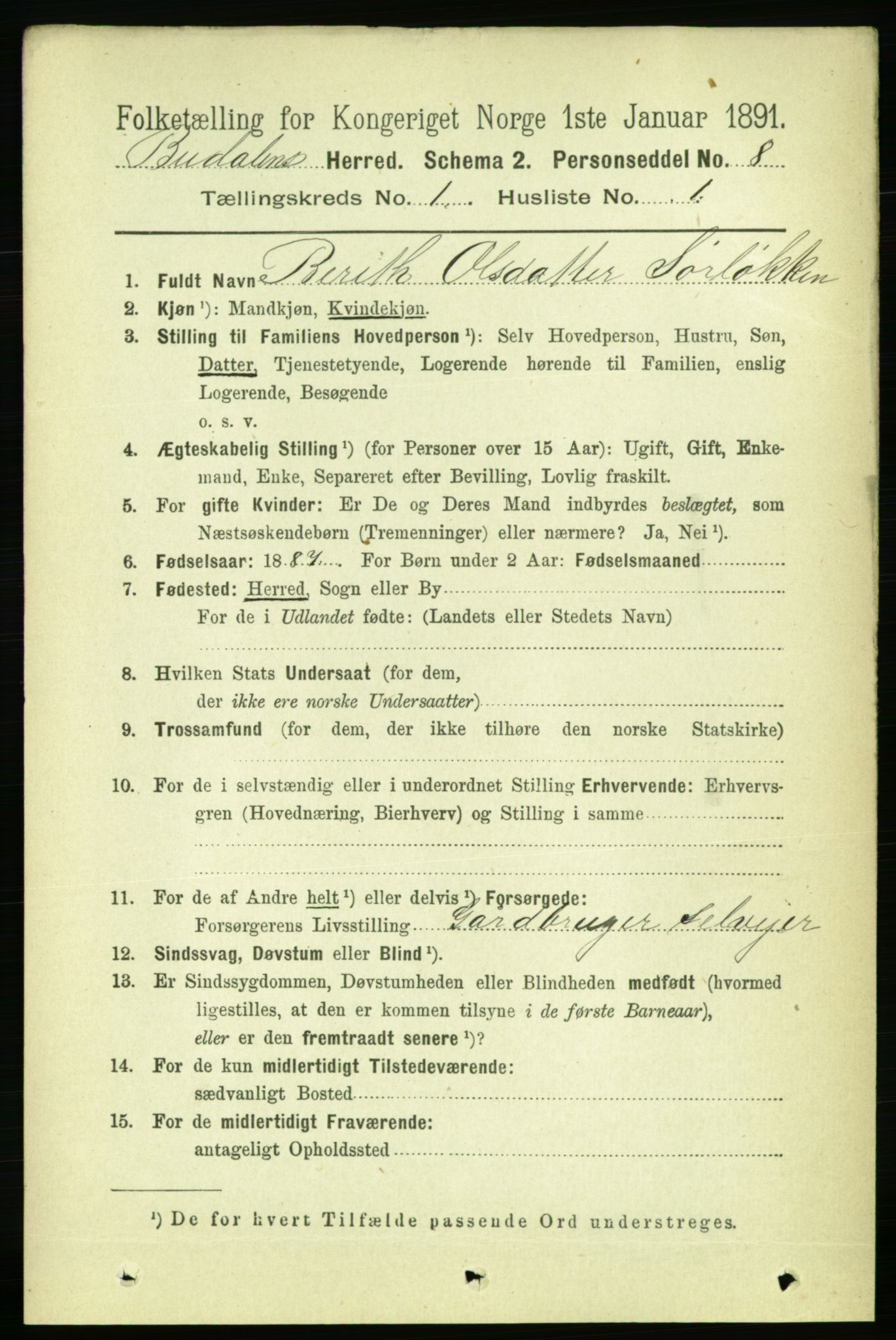 RA, 1891 census for 1647 Budal, 1891, p. 68