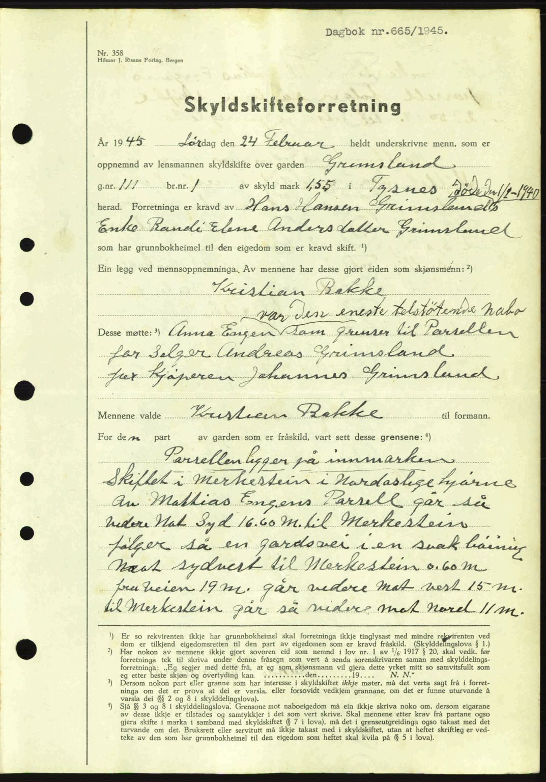 Sunnhordland sorenskrivar, AV/SAB-A-2401: Mortgage book no. A77, 1945-1945, Diary no: : 665/1945