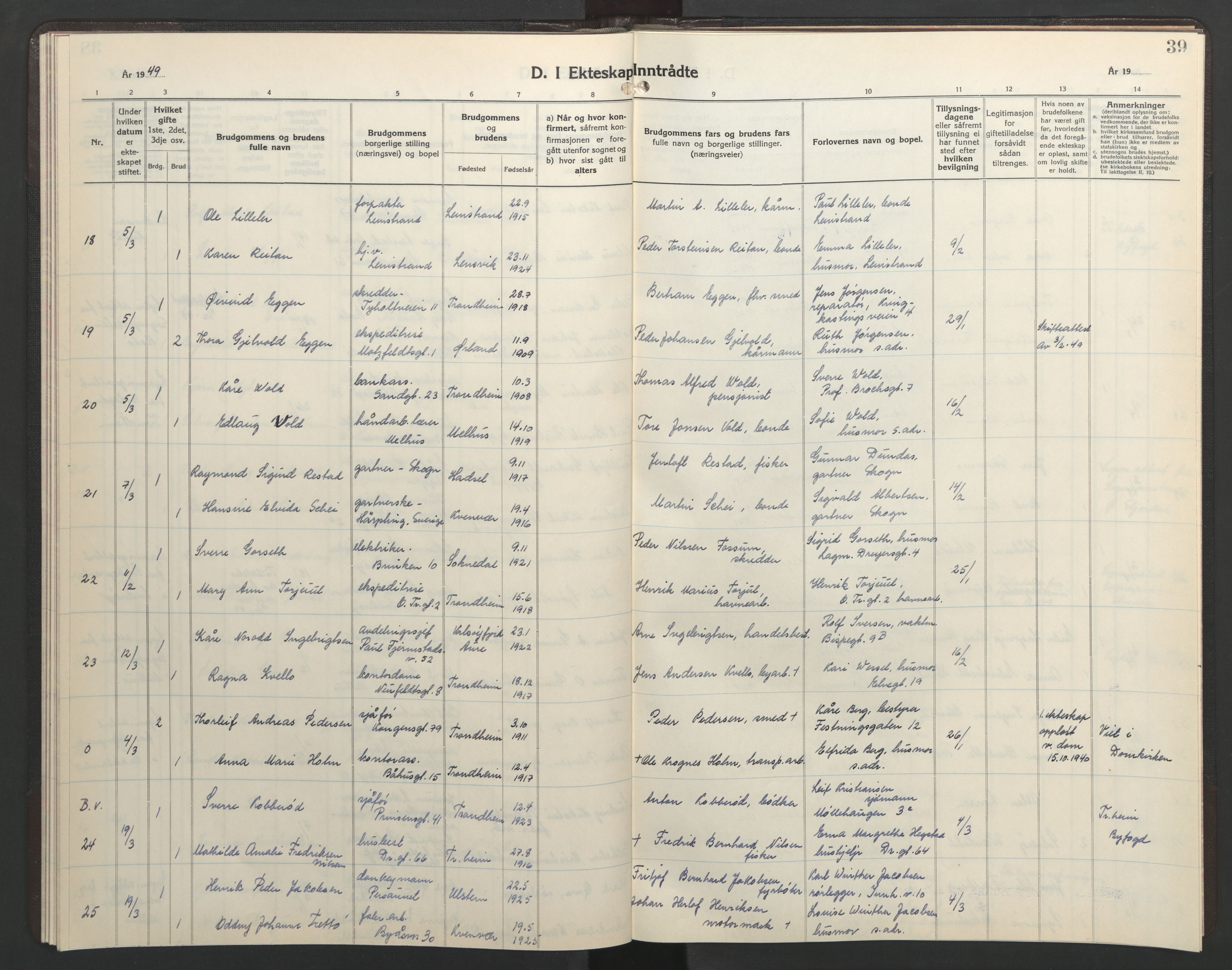 Ministerialprotokoller, klokkerbøker og fødselsregistre - Sør-Trøndelag, AV/SAT-A-1456/602/L0155: Parish register (copy) no. 602C23, 1947-1950, p. 39