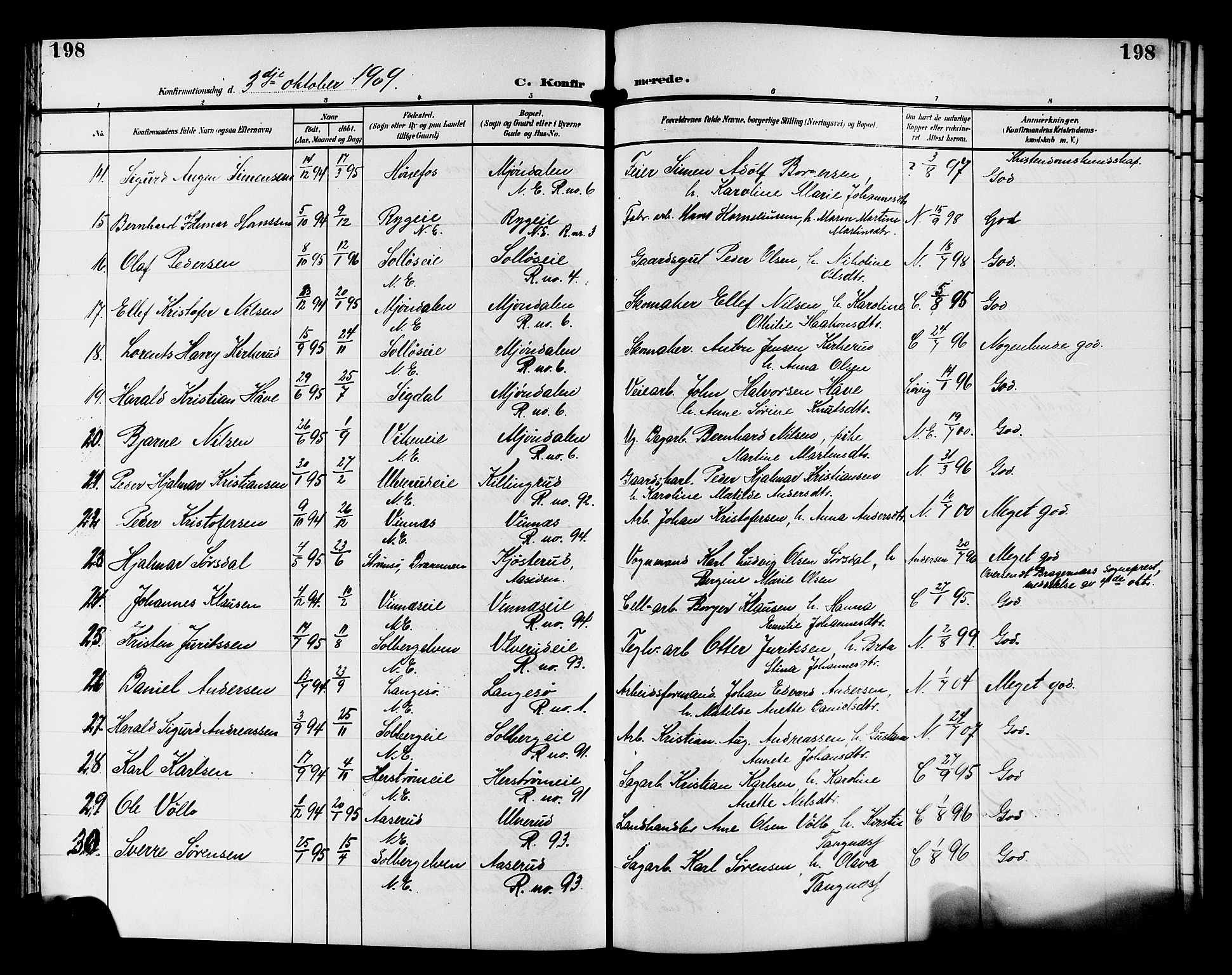 Nedre Eiker kirkebøker, SAKO/A-612/G/Ga/L0004: Parish register (copy) no. 4, 1905-1912, p. 198