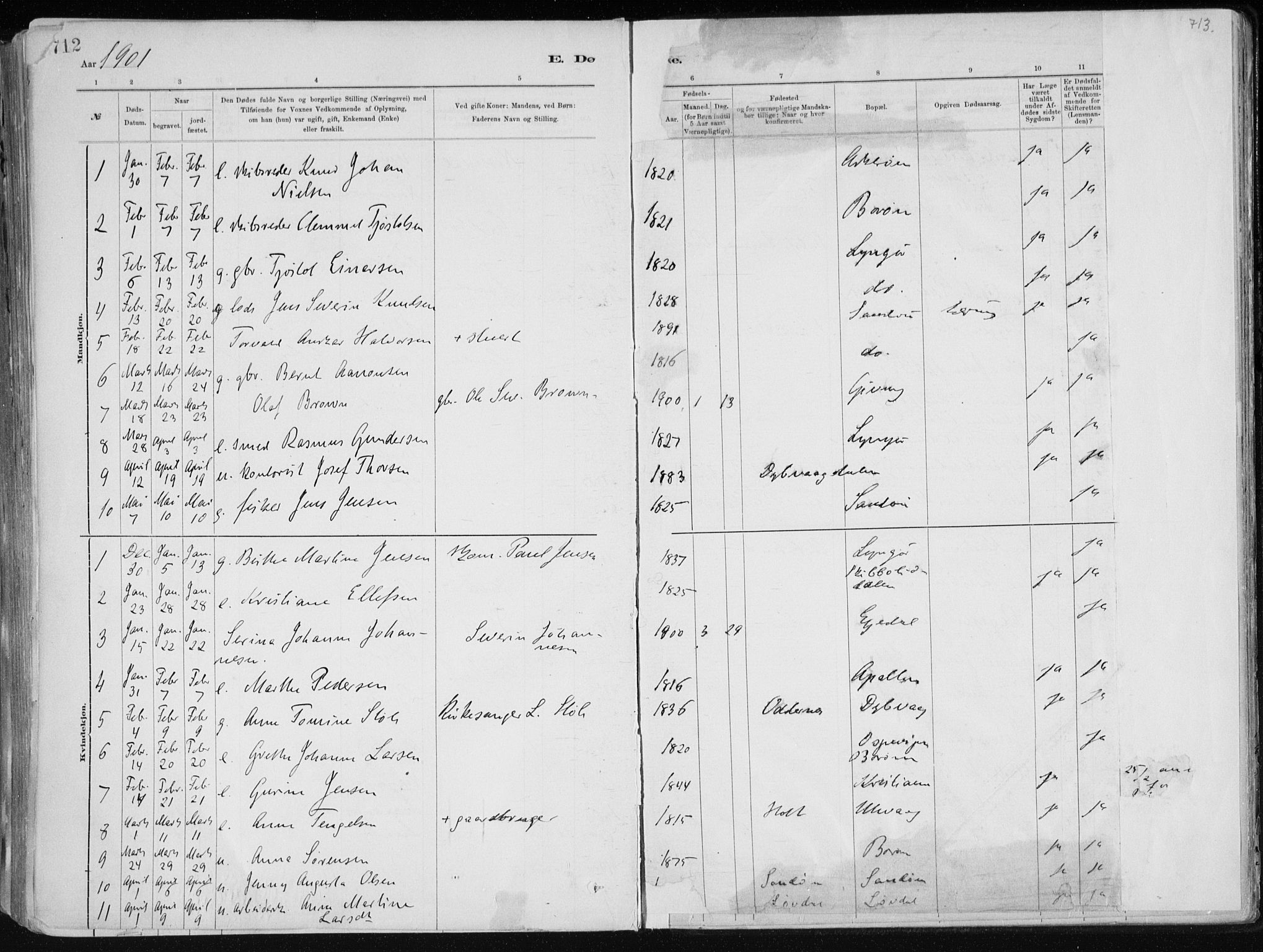 Dypvåg sokneprestkontor, SAK/1111-0007/F/Fa/Faa/L0008: Parish register (official) no. A 8, 1885-1906, p. 712-713