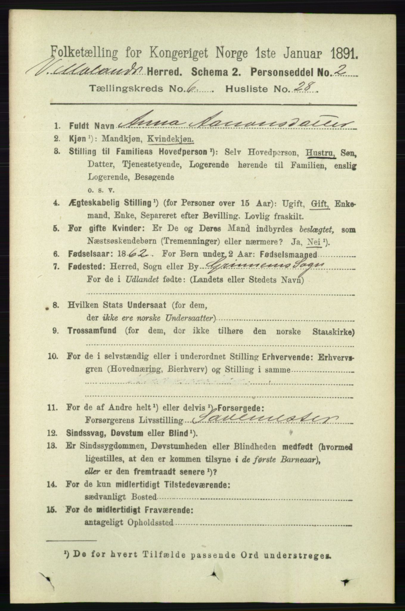 RA, 1891 census for 0926 Vestre Moland, 1891, p. 2483