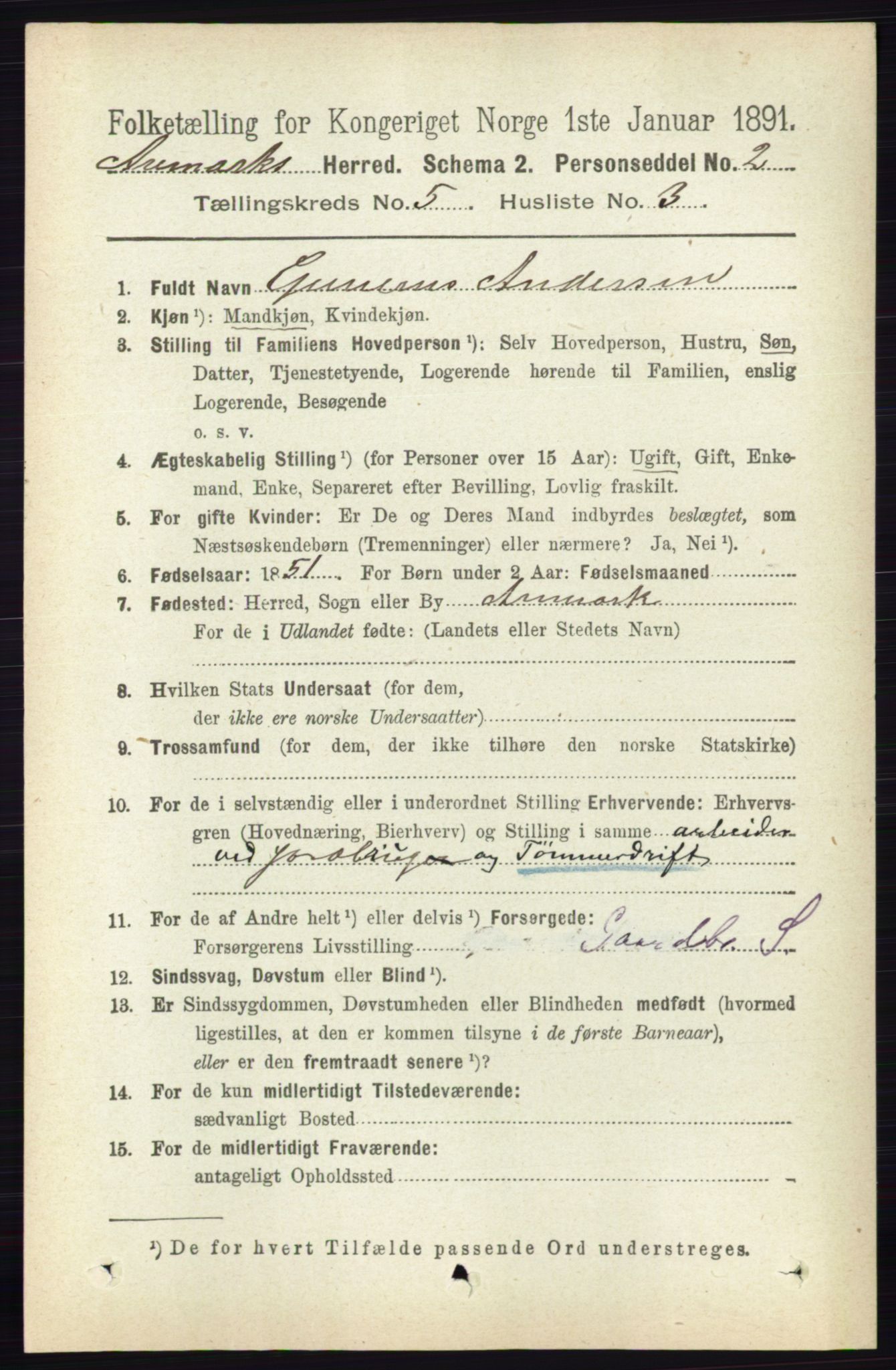 RA, 1891 census for 0118 Aremark, 1891, p. 2488