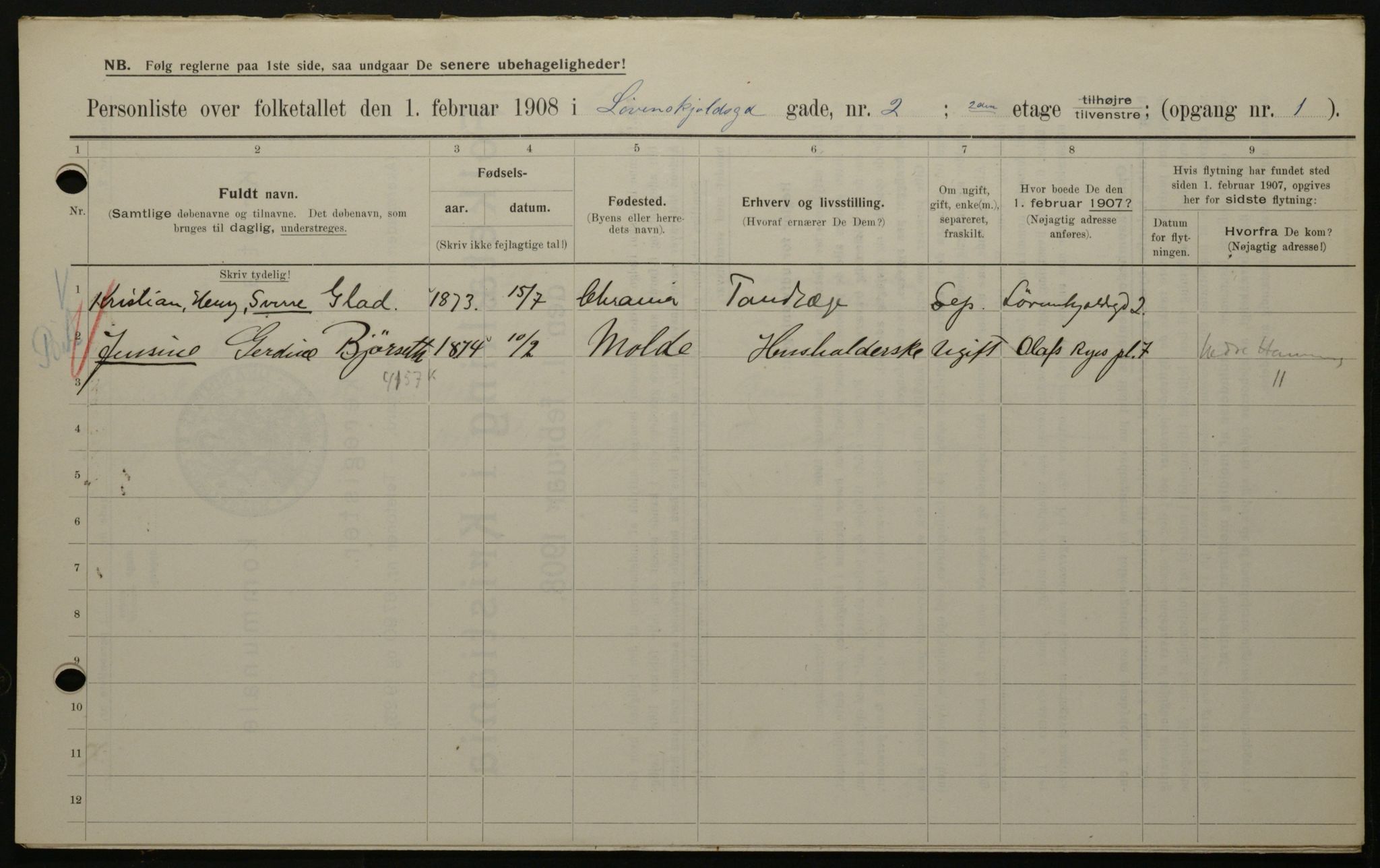 OBA, Municipal Census 1908 for Kristiania, 1908, p. 52687