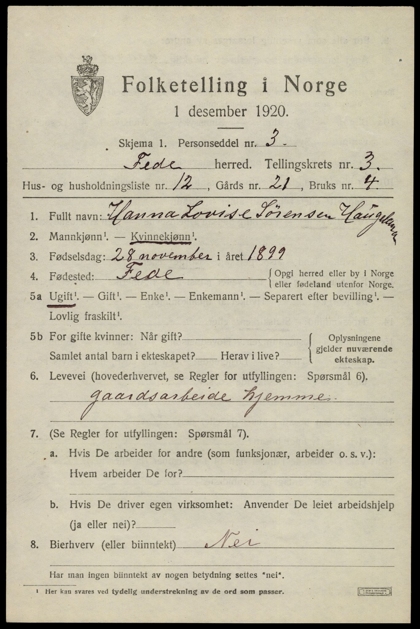 SAK, 1920 census for Feda, 1920, p. 1829