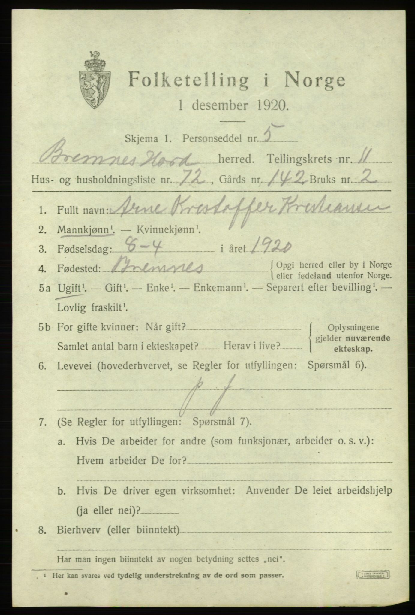 SAB, 1920 census for Bremnes, 1920, p. 7574