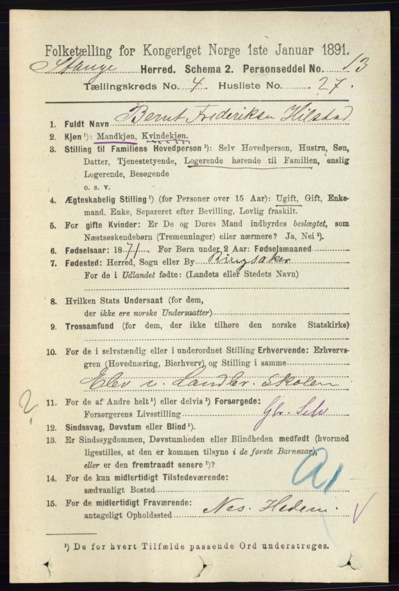 RA, 1891 census for 0417 Stange, 1891, p. 2549