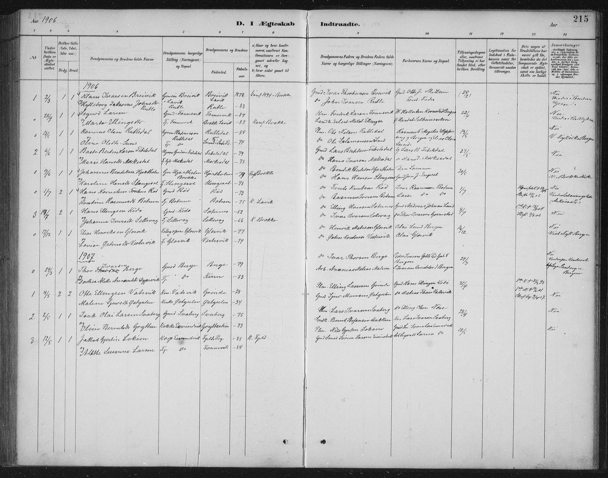 Gulen sokneprestembete, SAB/A-80201/H/Hab/Habb/L0003: Parish register (copy) no. B 3, 1884-1907, p. 215