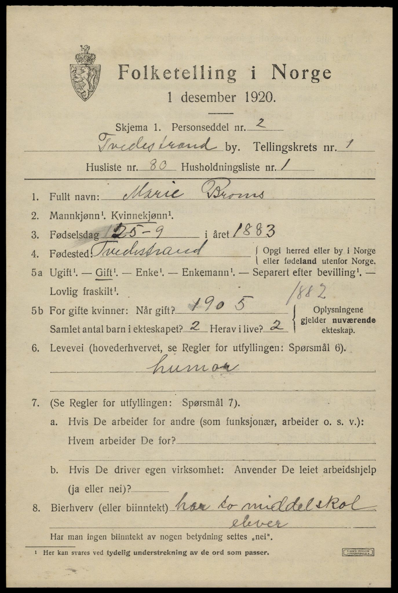 SAK, 1920 census for Tvedestrand, 1920, p. 2213