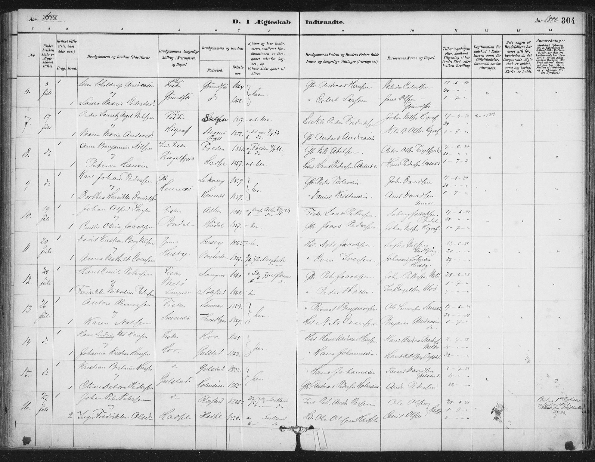 Ministerialprotokoller, klokkerbøker og fødselsregistre - Nordland, AV/SAT-A-1459/888/L1244: Parish register (official) no. 888A10, 1880-1890, p. 304