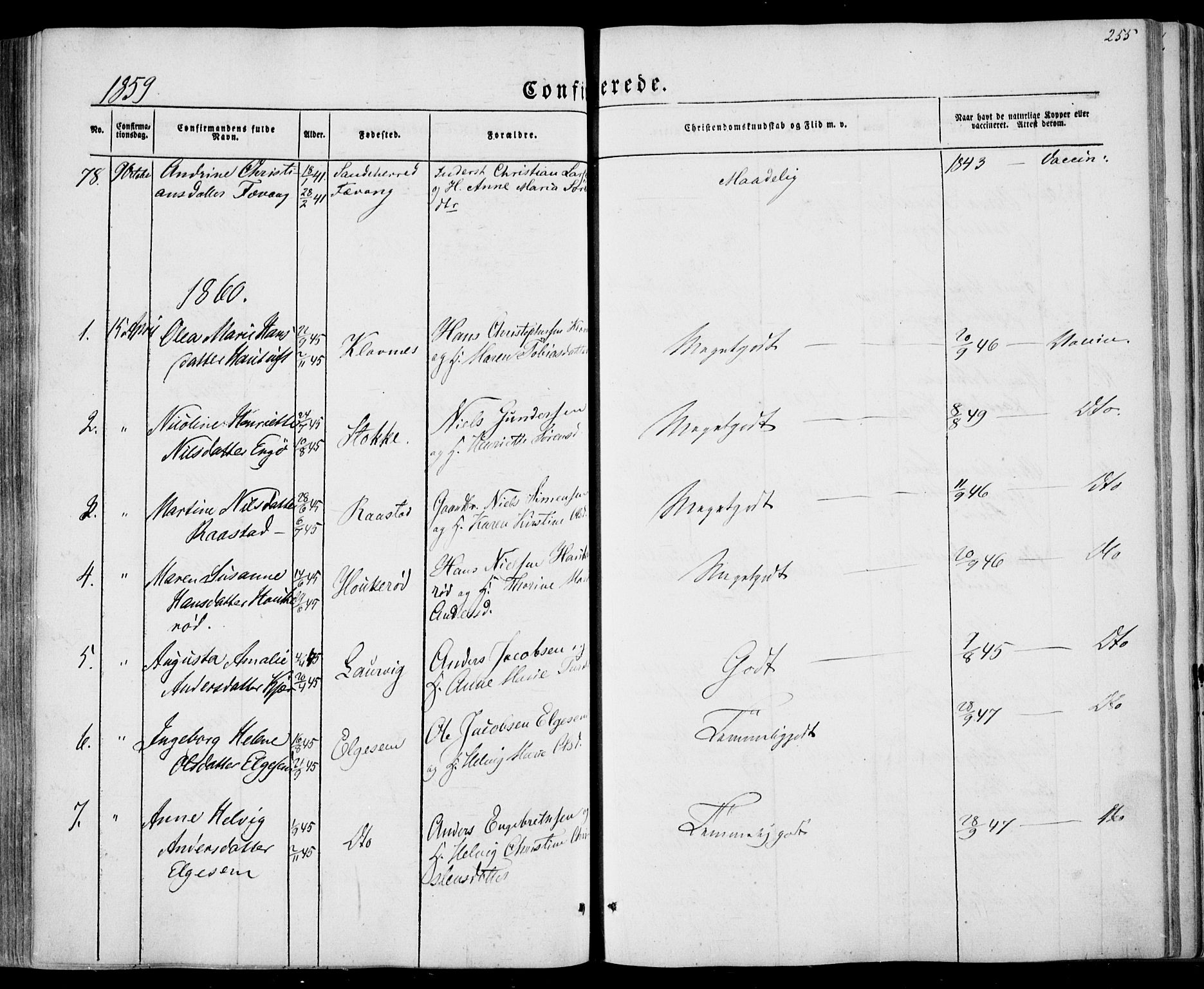 Sandar kirkebøker, SAKO/A-243/F/Fa/L0007: Parish register (official) no. 7, 1855-1861, p. 255