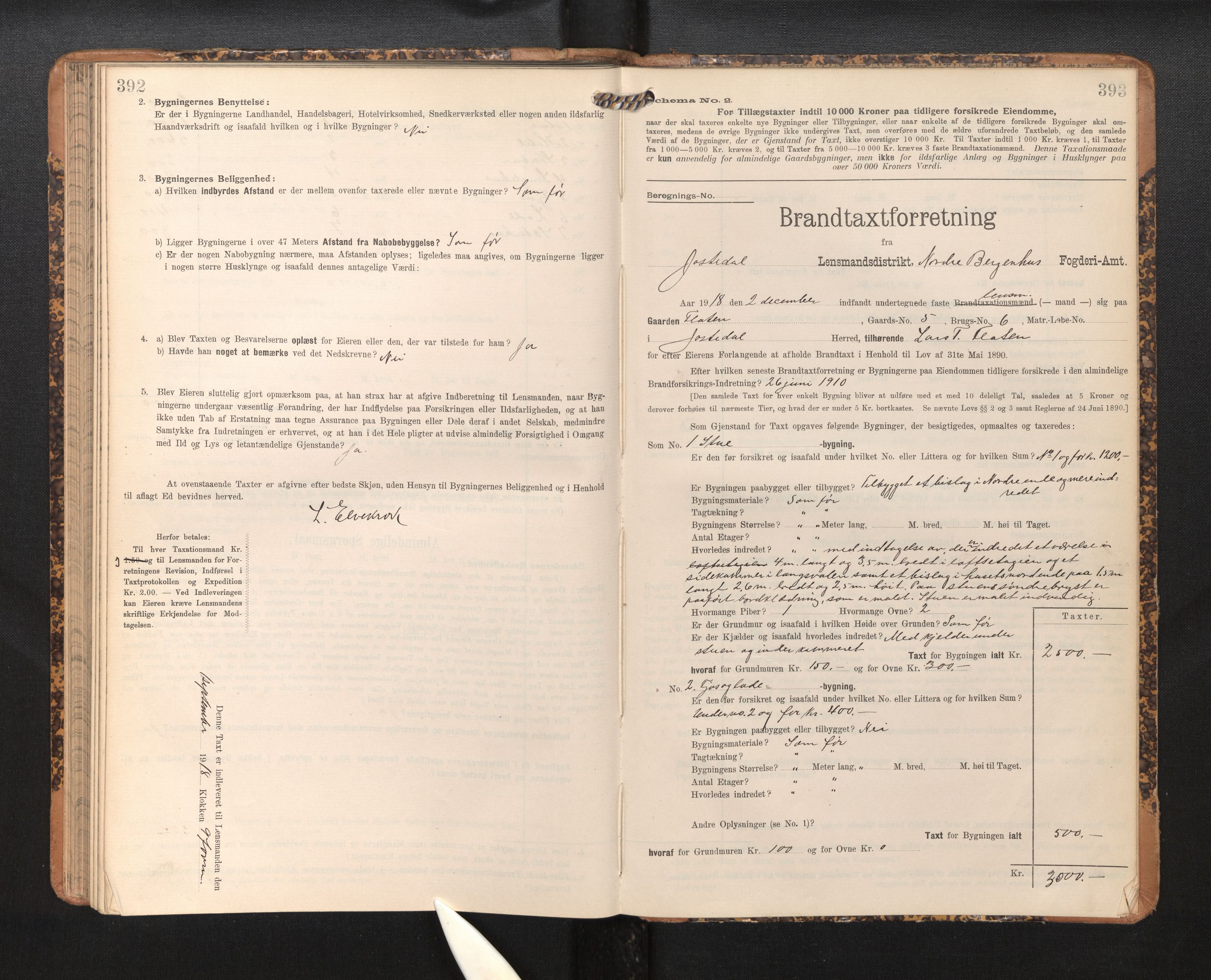 Lensmannen i Jostedal, SAB/A-28601/0012/L0004: Branntakstprotokoll, skjematakst, 1906-1919, p. 392-393