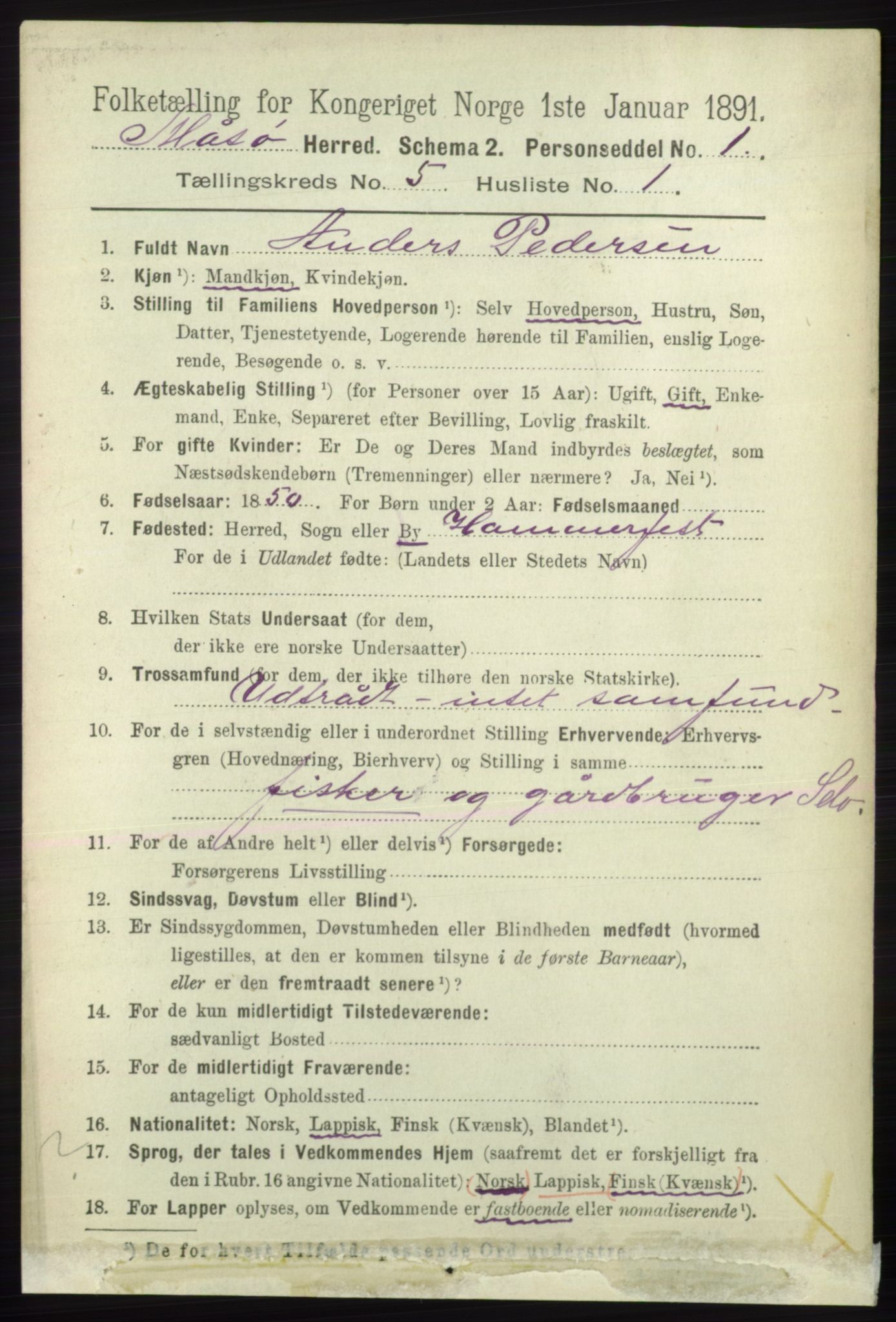 RA, 1891 census for 2018 Måsøy, 1891, p. 720