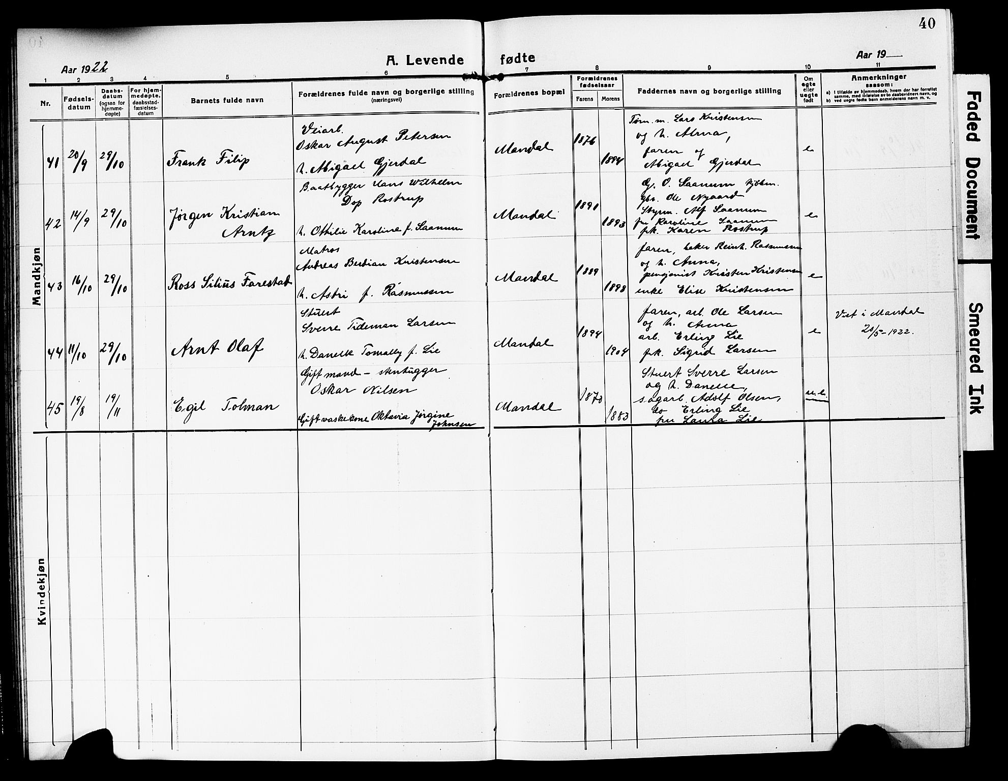 Mandal sokneprestkontor, AV/SAK-1111-0030/F/Fb/Fbc/L0001: Parish register (copy) no. B 1, 1918-1931, p. 40