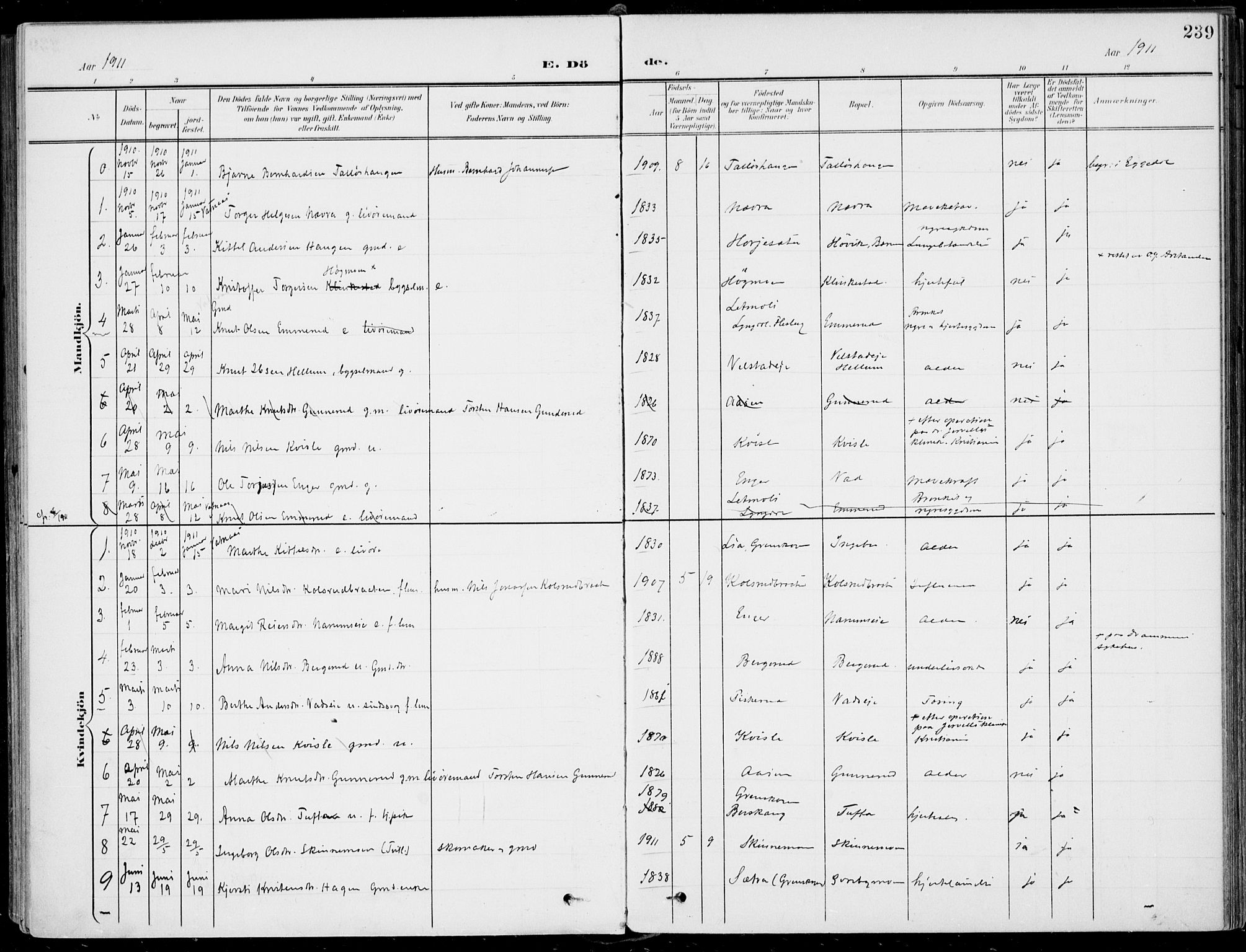 Sigdal kirkebøker, AV/SAKO-A-245/F/Fb/L0002: Parish register (official) no. II 2, 1901-1914, p. 239