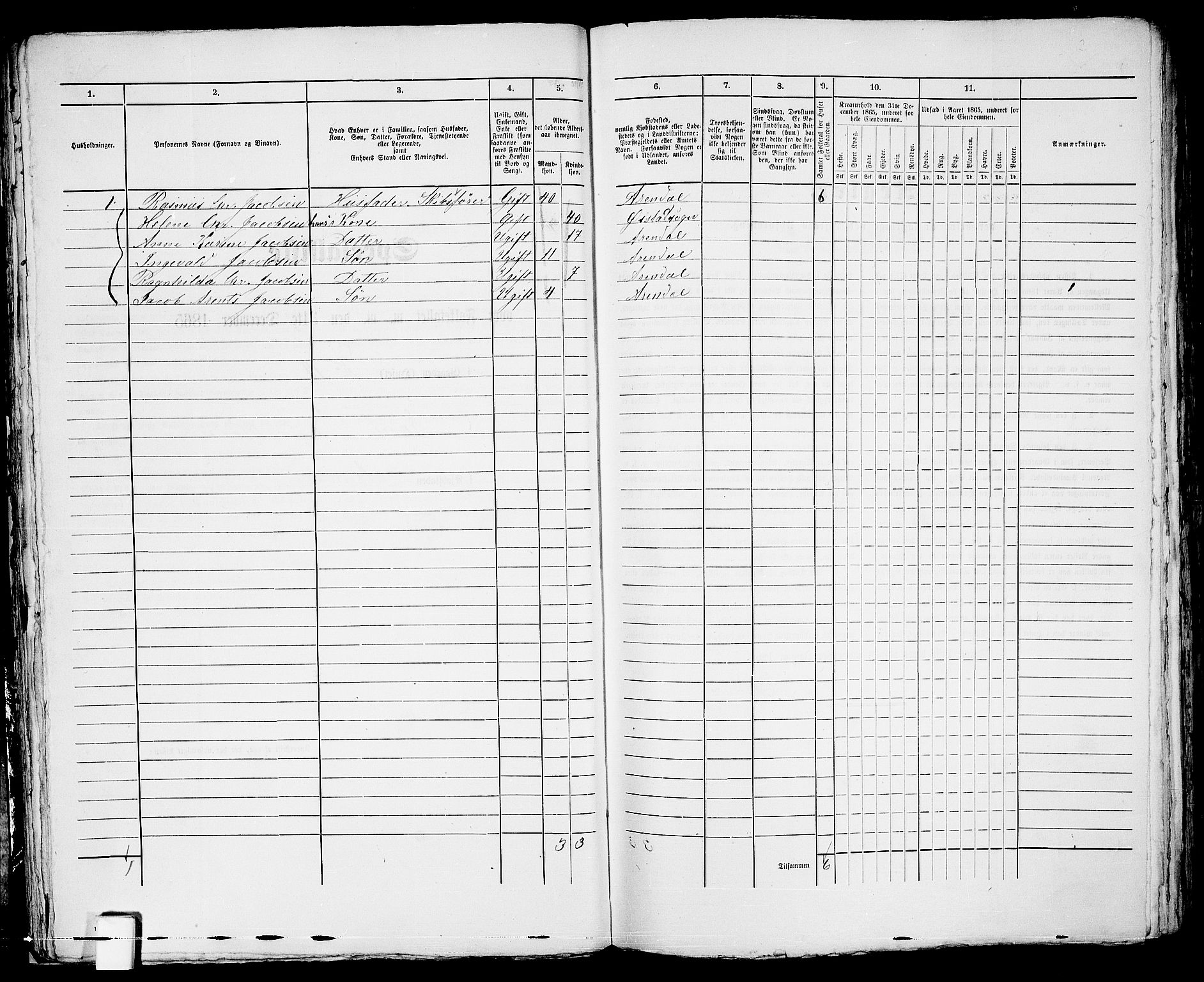 RA, 1865 census for Arendal, 1865, p. 50