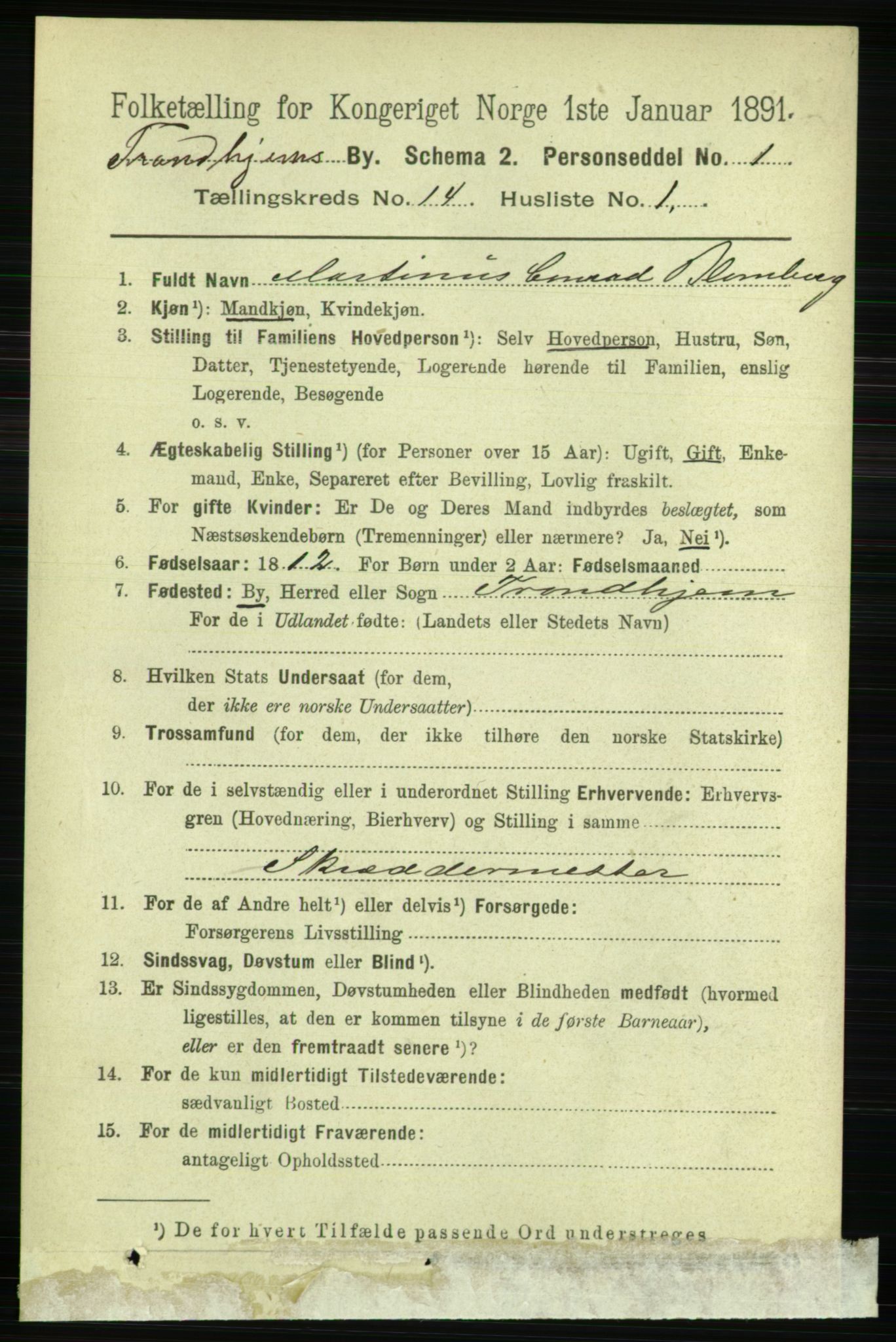 RA, 1891 census for 1601 Trondheim, 1891, p. 10907