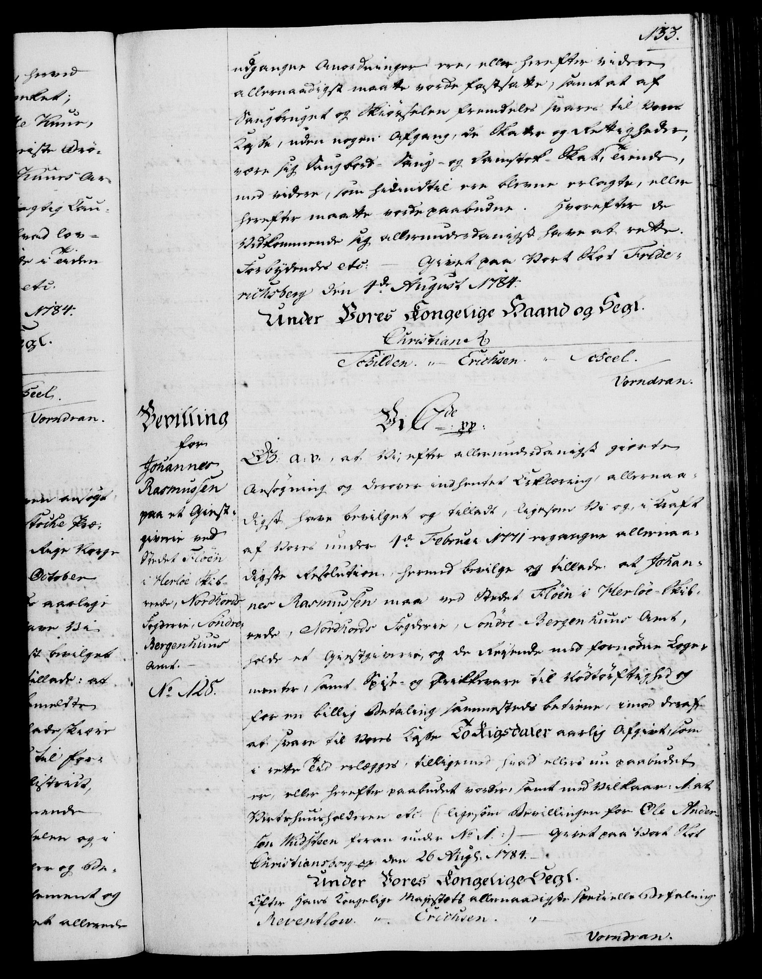 Rentekammeret, Kammerkanselliet, AV/RA-EA-3111/G/Gg/Gga/L0013: Norsk ekspedisjonsprotokoll med register (merket RK 53.13), 1784-1787, p. 133