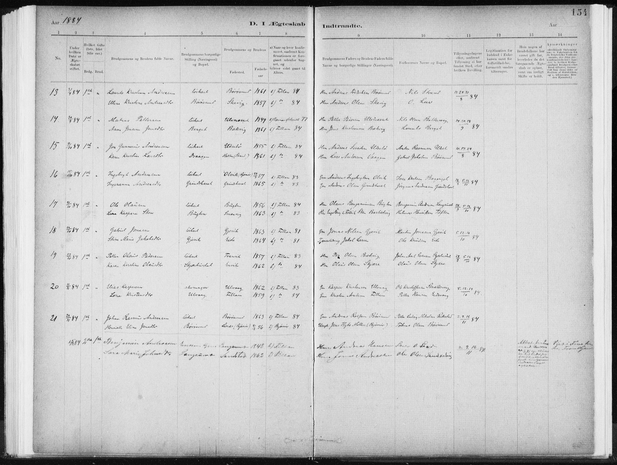 Ministerialprotokoller, klokkerbøker og fødselsregistre - Sør-Trøndelag, SAT/A-1456/637/L0558: Parish register (official) no. 637A01, 1882-1899, p. 154