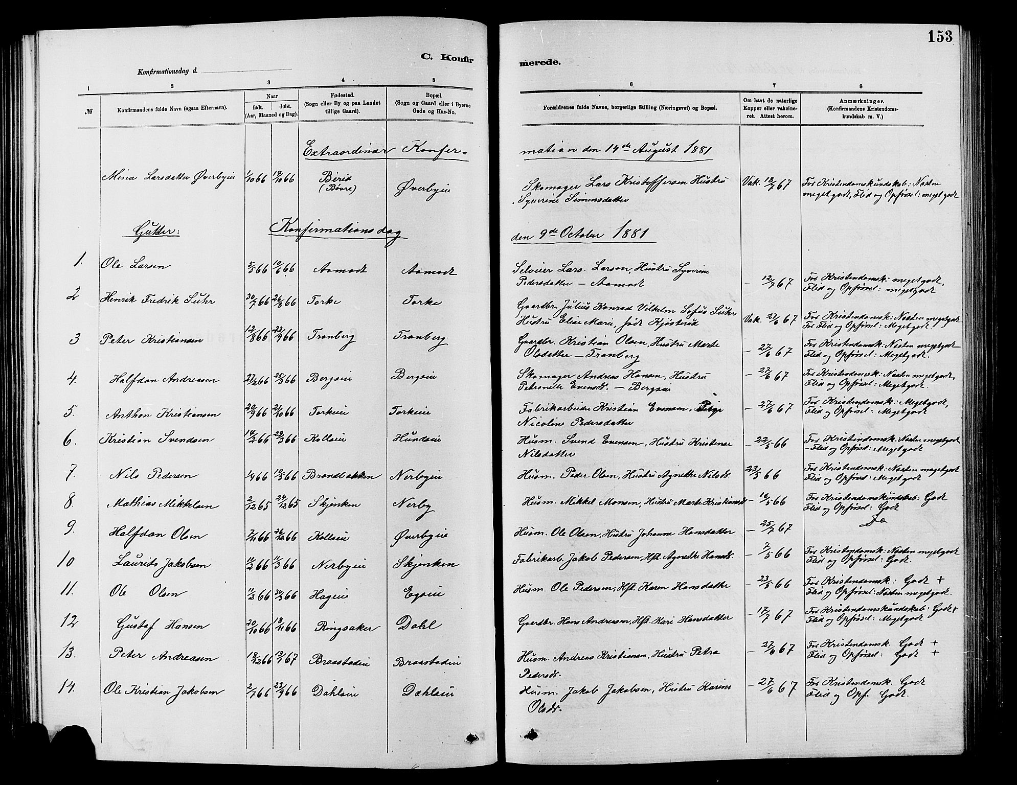 Vardal prestekontor, SAH/PREST-100/H/Ha/Hab/L0007: Parish register (copy) no. 7 /1, 1881-1895, p. 153