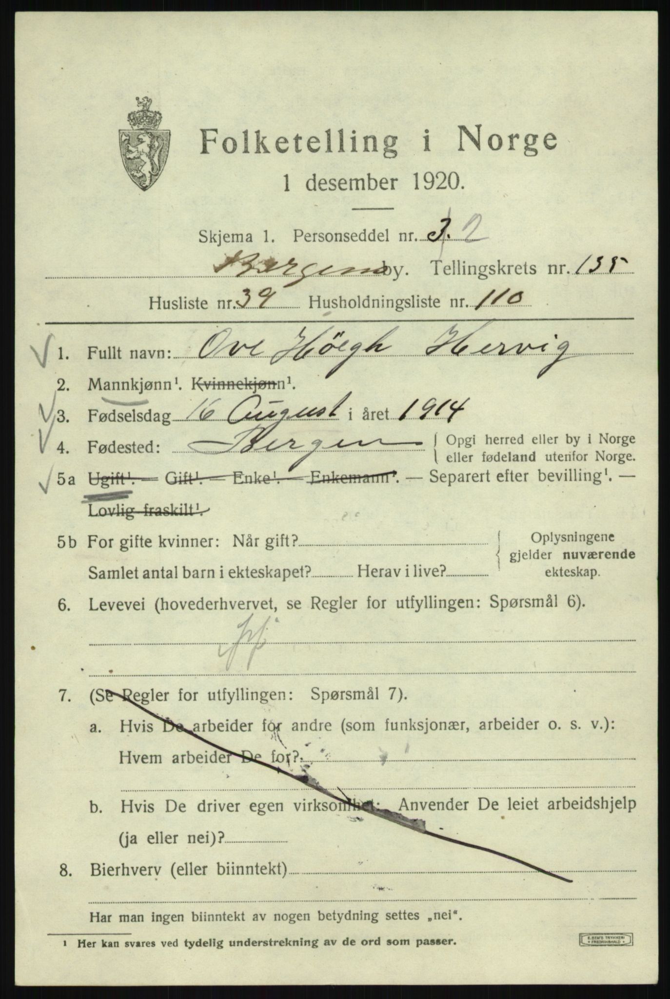 SAB, 1920 census for Bergen, 1920, p. 227737