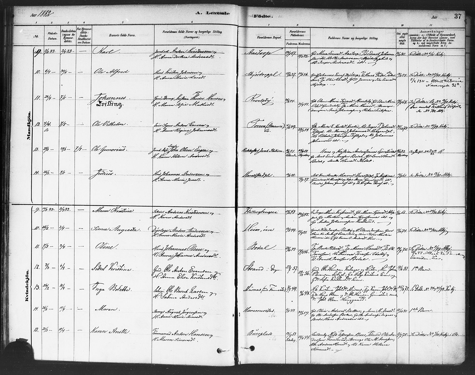 Rakkestad prestekontor Kirkebøker, AV/SAO-A-2008/F/Fa/L0012: Parish register (official) no. I 12, 1878-1893, p. 37