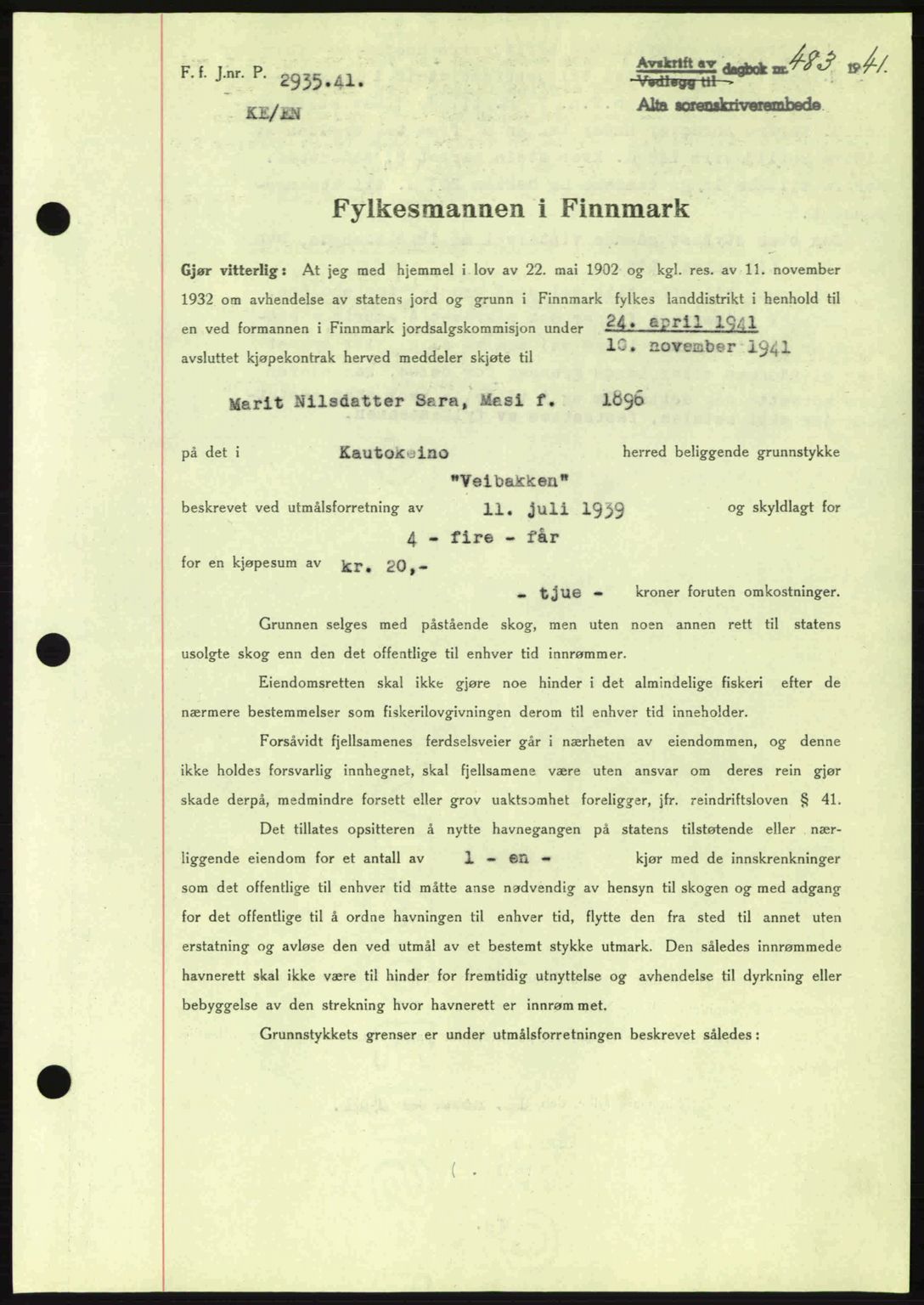 Alta fogderi/sorenskriveri, SATØ/SATØ-5/1/K/Kd/L0033pantebok: Mortgage book no. 33, 1940-1943, Diary no: : 483/1941