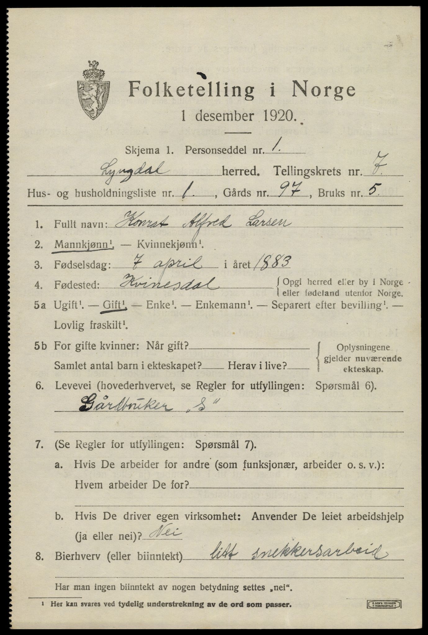 SAK, 1920 census for Lyngdal, 1920, p. 3909