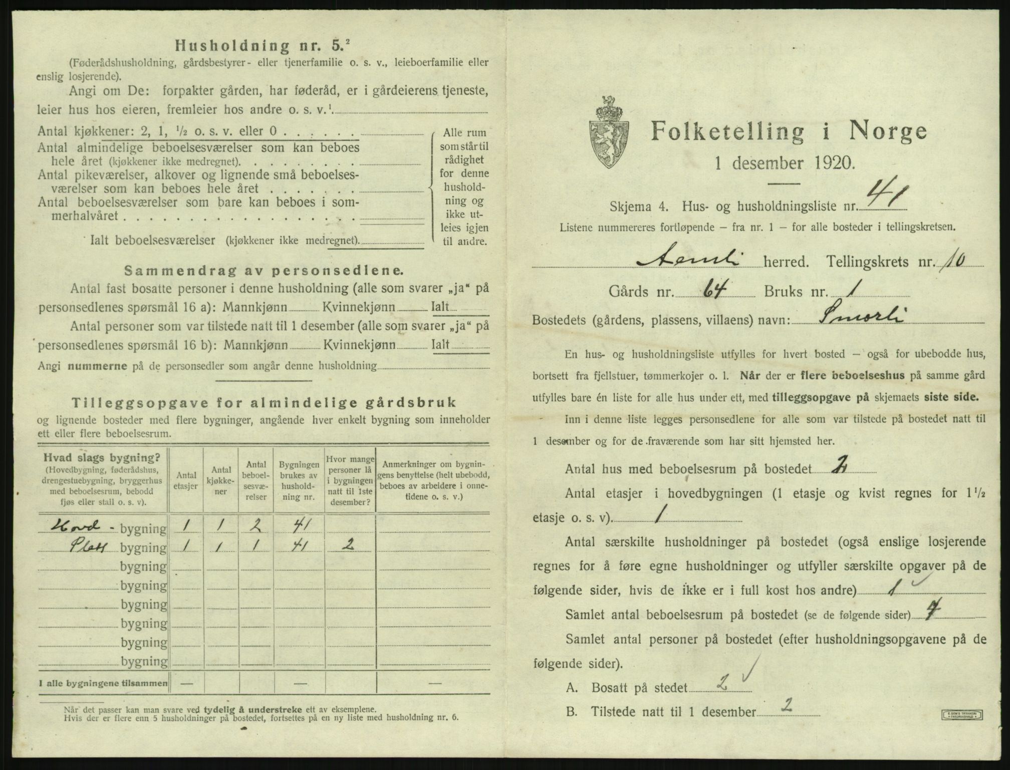 SAK, 1920 census for Åmli, 1920, p. 641