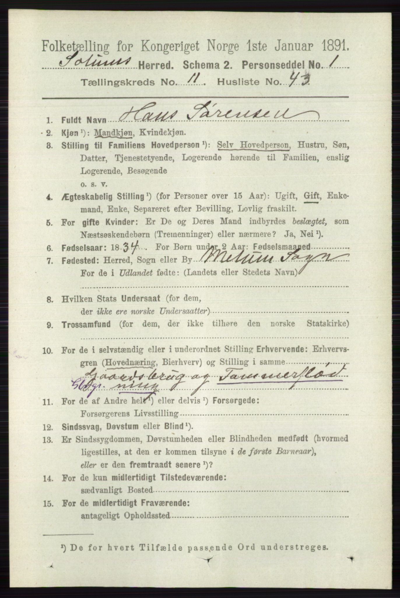 RA, 1891 census for 0818 Solum, 1891, p. 5526