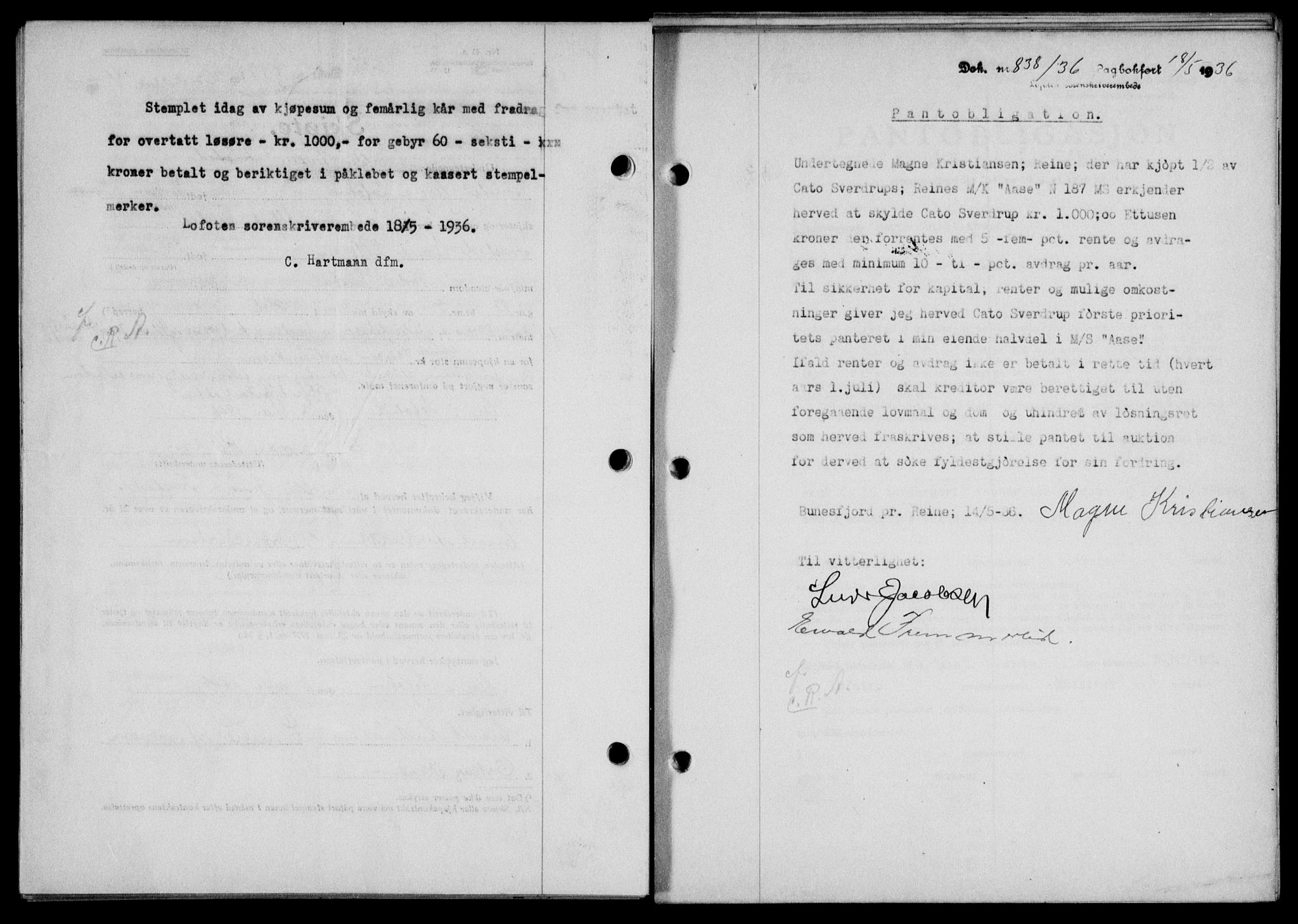Lofoten sorenskriveri, SAT/A-0017/1/2/2C/L0033b: Mortgage book no. 33b, 1936-1936, Diary no: : 838/1936
