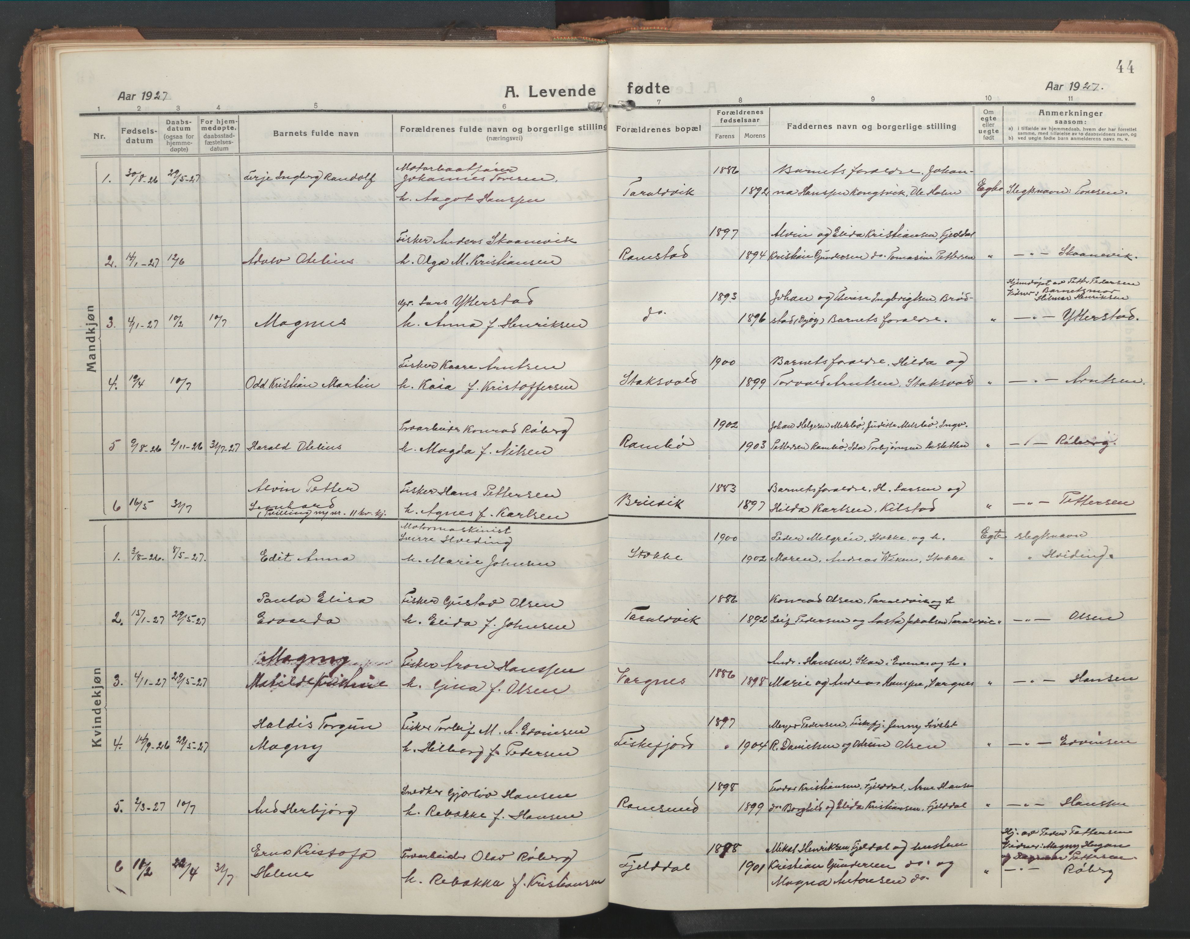 Ministerialprotokoller, klokkerbøker og fødselsregistre - Nordland, AV/SAT-A-1459/865/L0933: Parish register (copy) no. 865C05, 1917-1947, p. 44