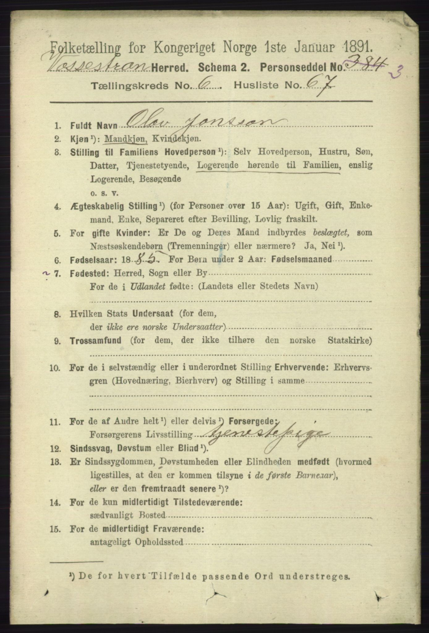 RA, 1891 census for 1236 Vossestrand, 1891, p. 2305