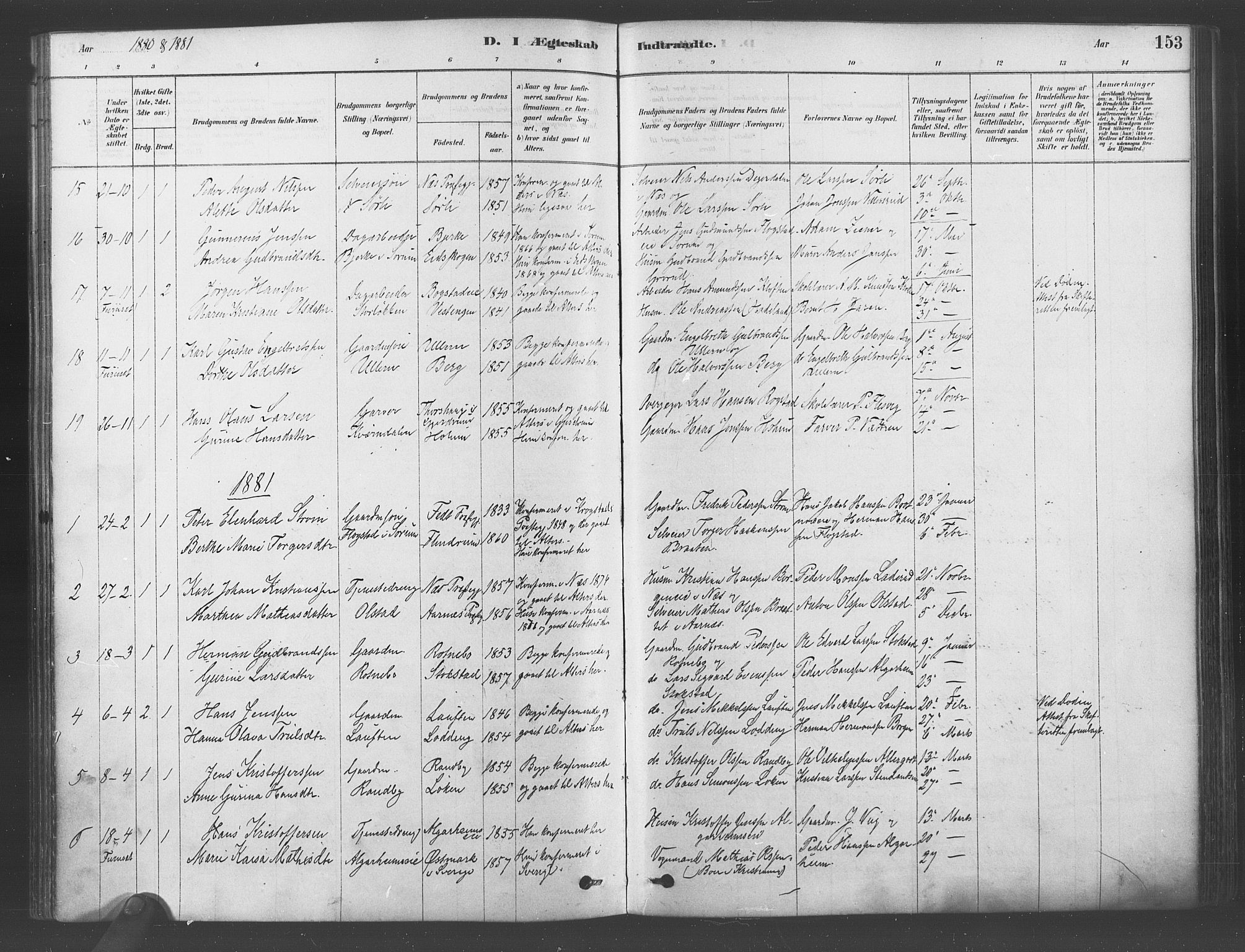 Ullensaker prestekontor Kirkebøker, SAO/A-10236a/F/Fa/L0019: Parish register (official) no. I 19, 1878-1891, p. 153