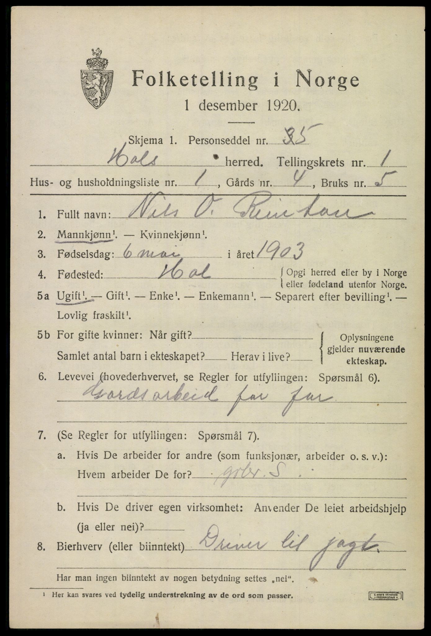 SAKO, 1920 census for Hol (Buskerud), 1920, p. 855