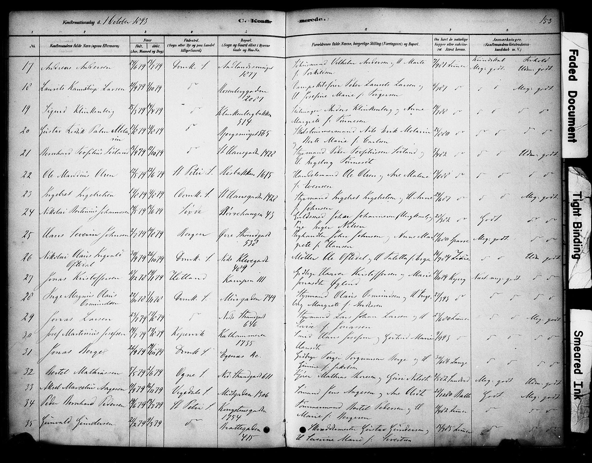 Domkirken sokneprestkontor, AV/SAST-A-101812/001/30/30BA/L0028: Parish register (official) no. A 27, 1878-1896, p. 153