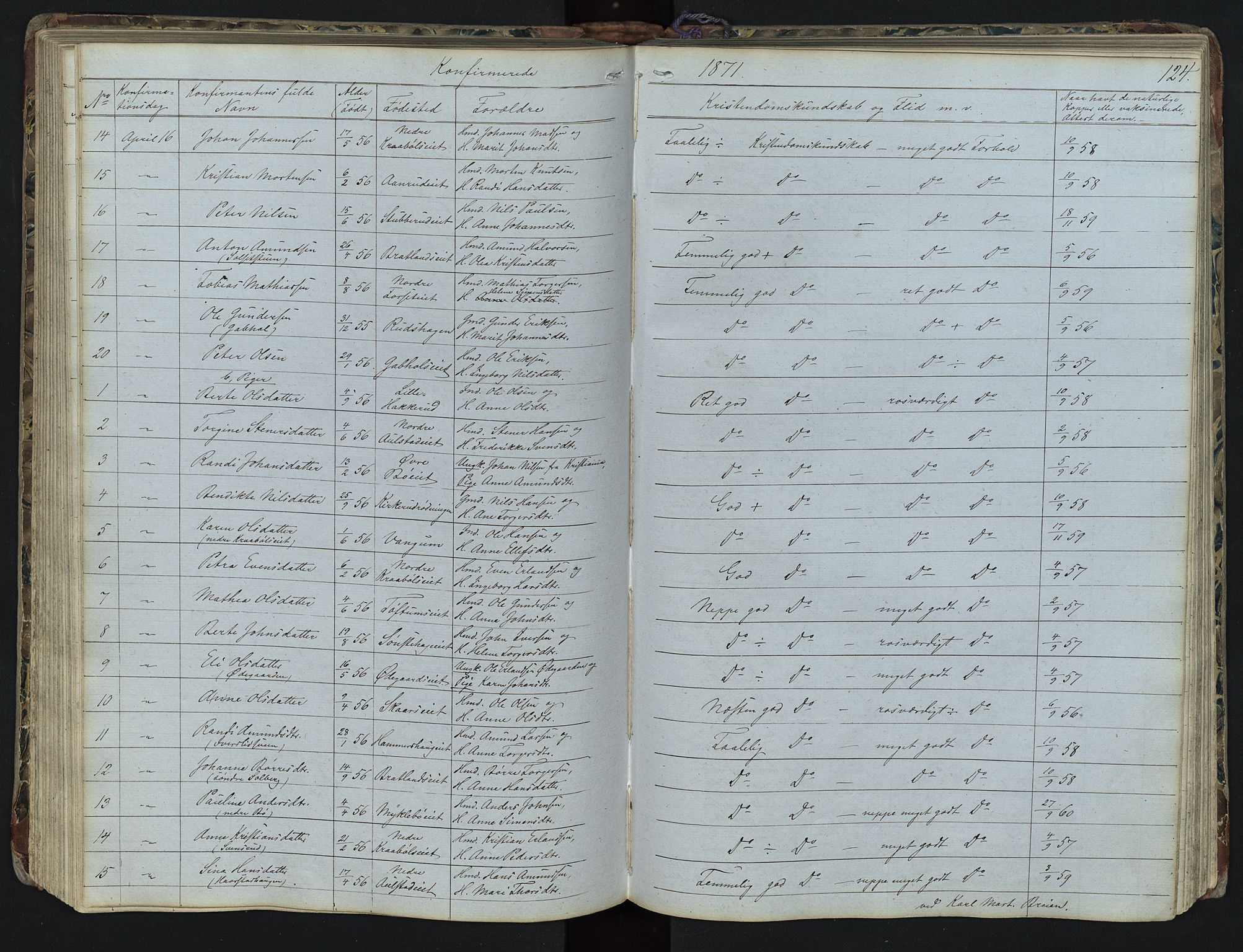 Vestre Gausdal prestekontor, SAH/PREST-094/H/Ha/Hab/L0001: Parish register (copy) no. 1, 1867-1895, p. 124