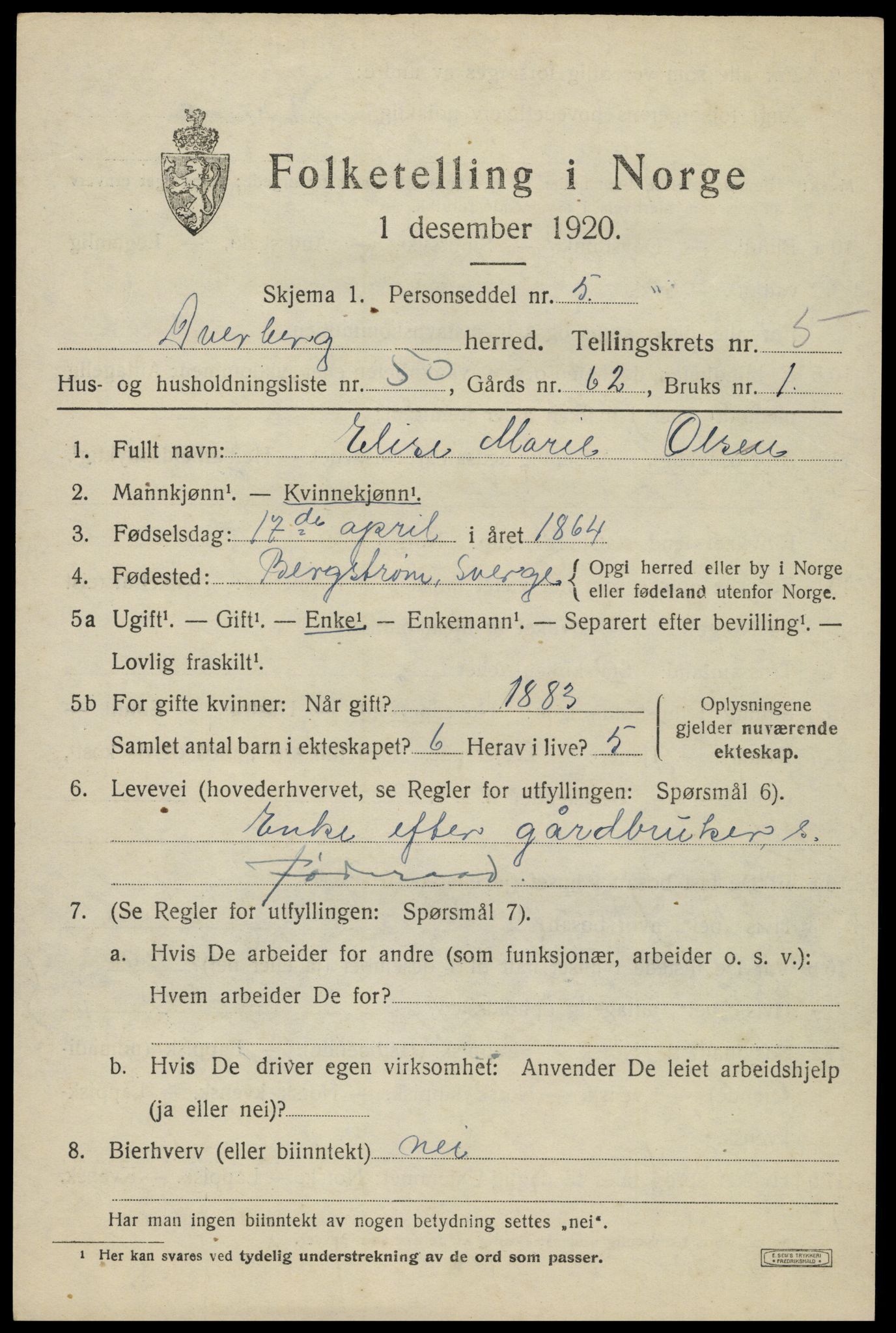 SAT, 1920 census for Dverberg, 1920, p. 6394