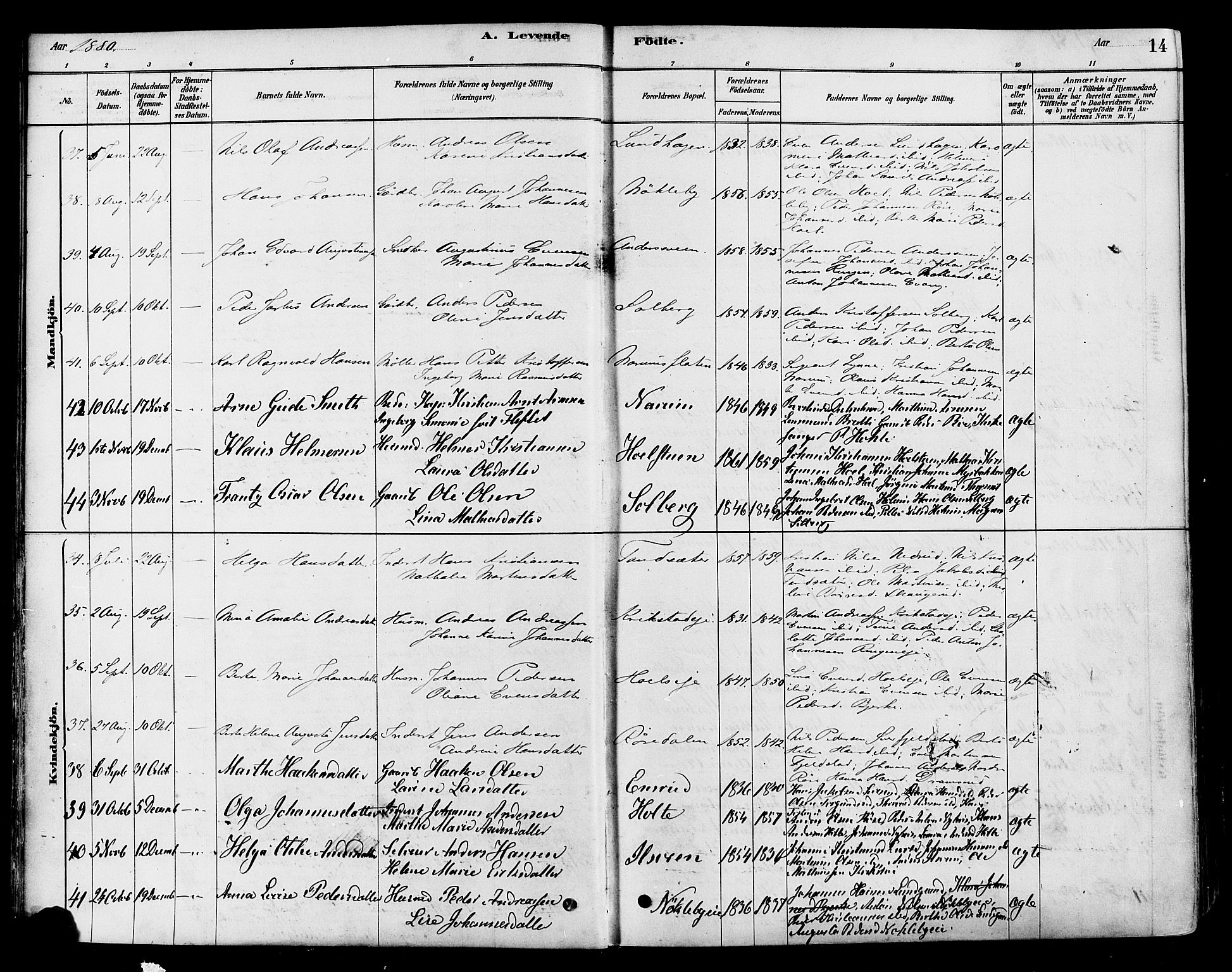 Vestre Toten prestekontor, AV/SAH-PREST-108/H/Ha/Haa/L0010: Parish register (official) no. 10, 1878-1894, p. 14