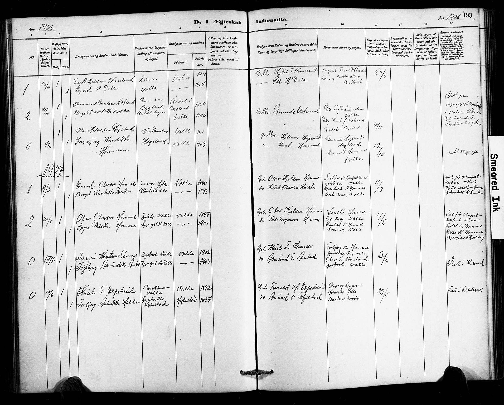 Valle sokneprestkontor, SAK/1111-0044/F/Fb/Fbc/L0004: Parish register (copy) no. B 4, 1890-1928, p. 193