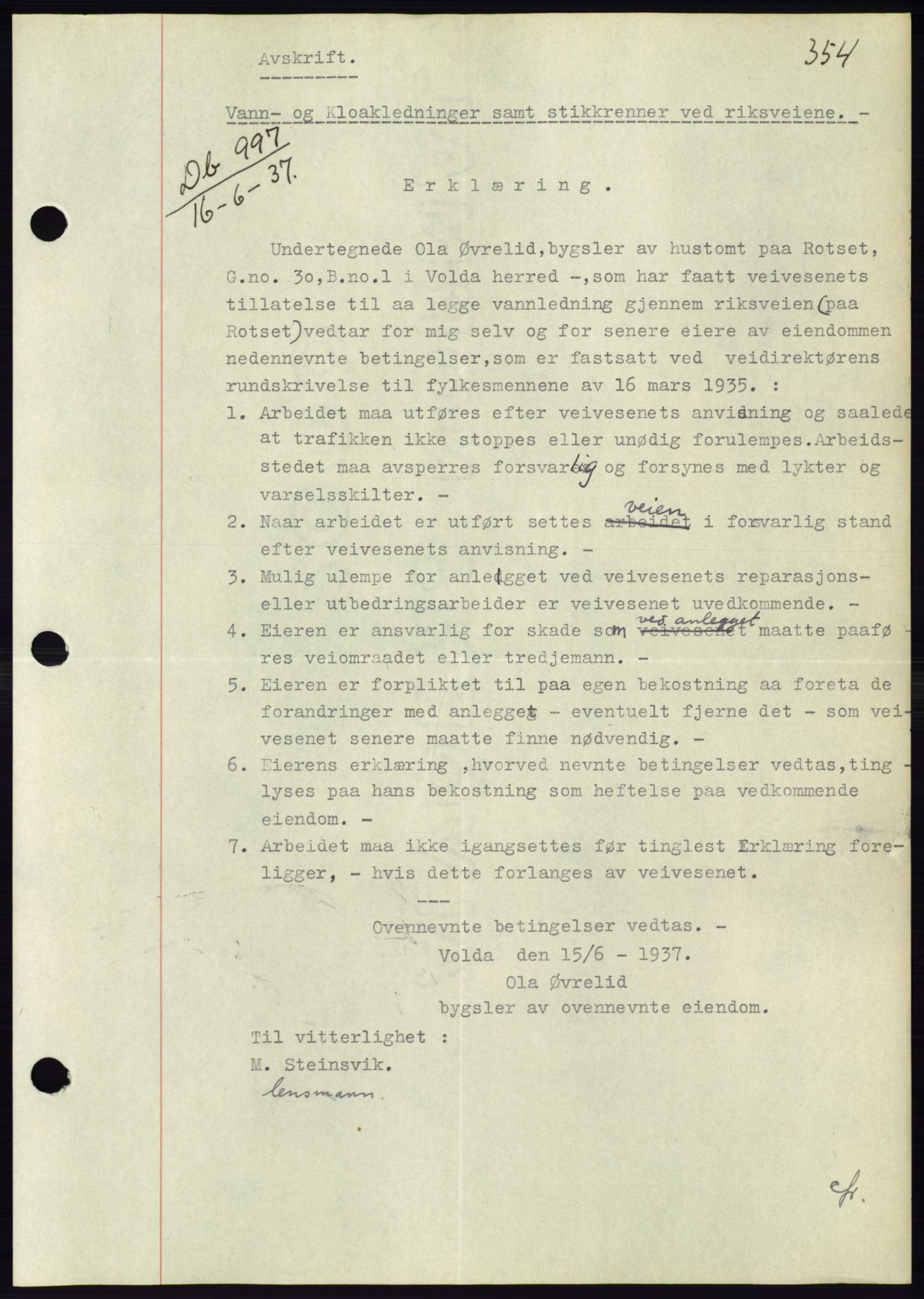 Søre Sunnmøre sorenskriveri, AV/SAT-A-4122/1/2/2C/L0063: Mortgage book no. 57, 1937-1937, Diary no: : 997/1937