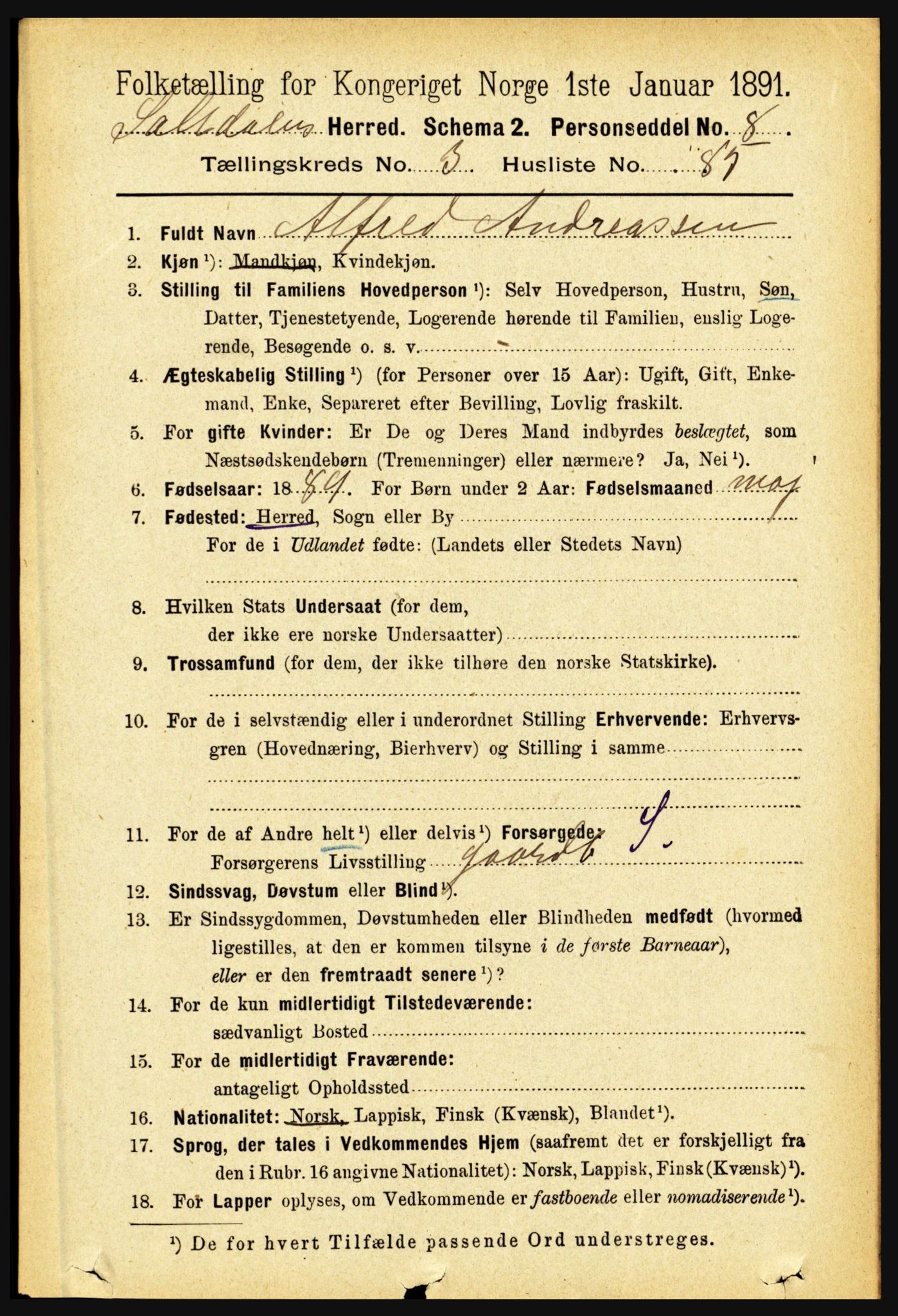 RA, 1891 census for 1840 Saltdal, 1891, p. 2253