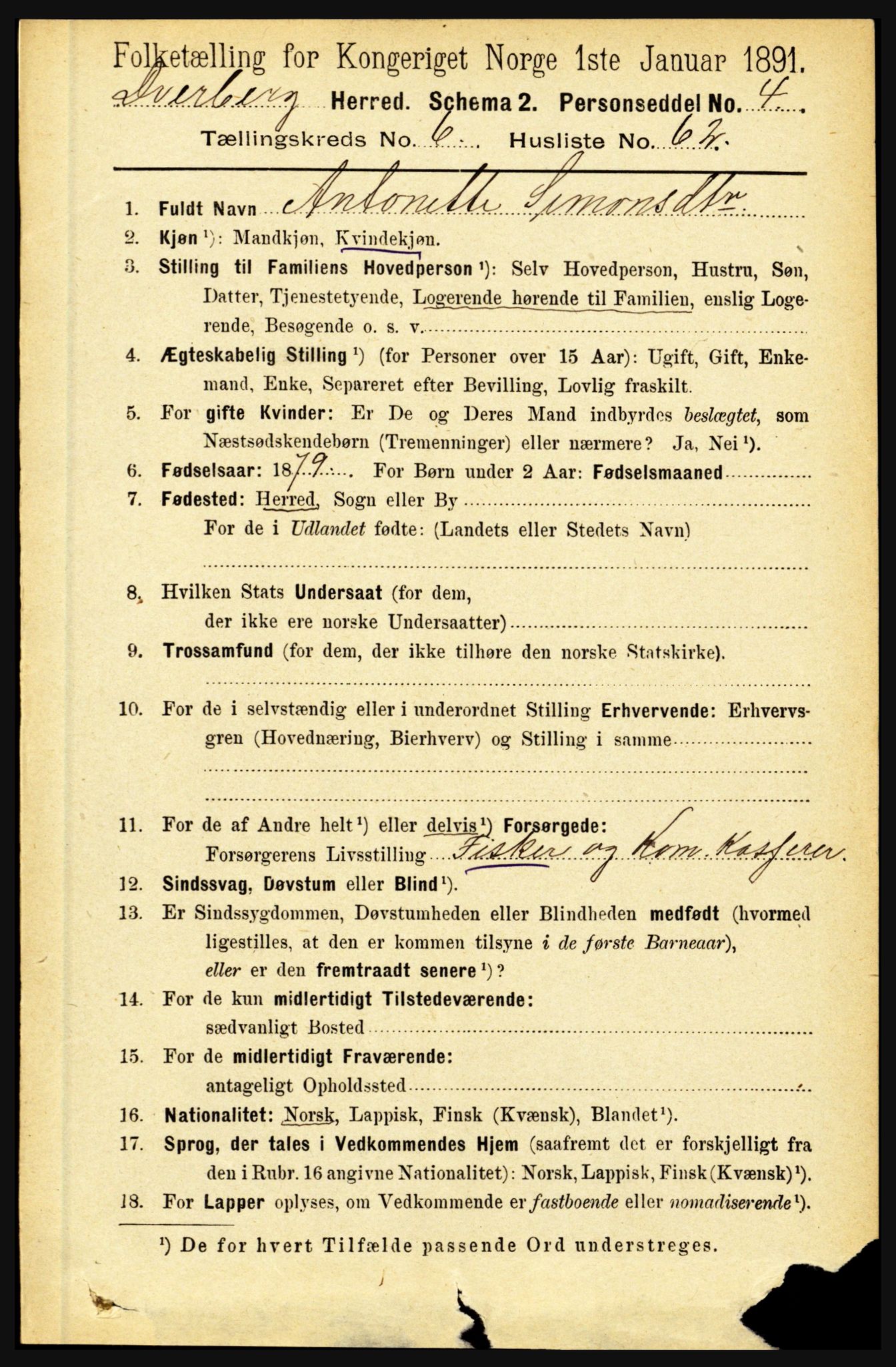 RA, 1891 census for 1872 Dverberg, 1891, p. 2502